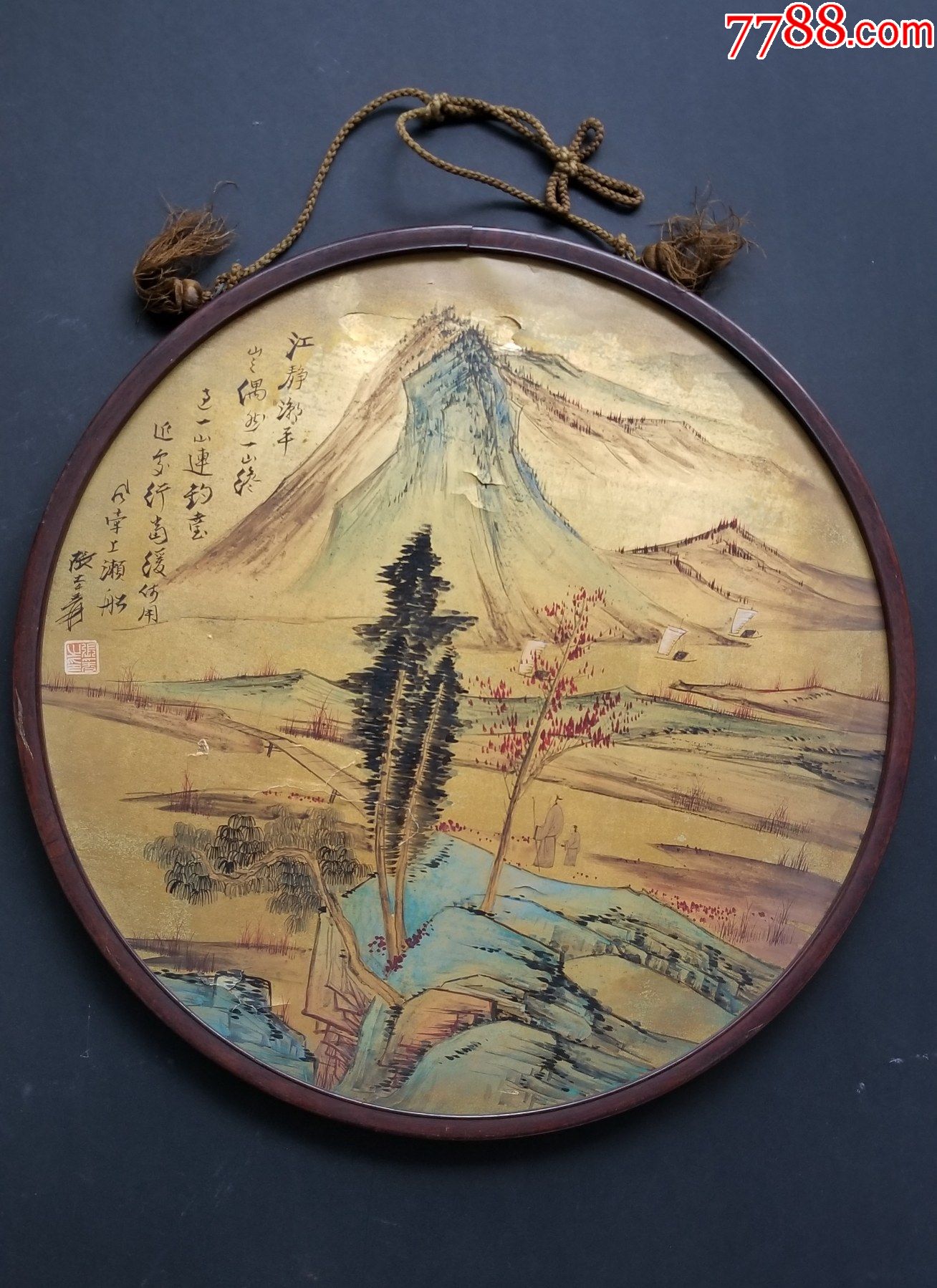 圆形镜框画题款江静潮平款张大千水墨画直径465厘米厚2厘米