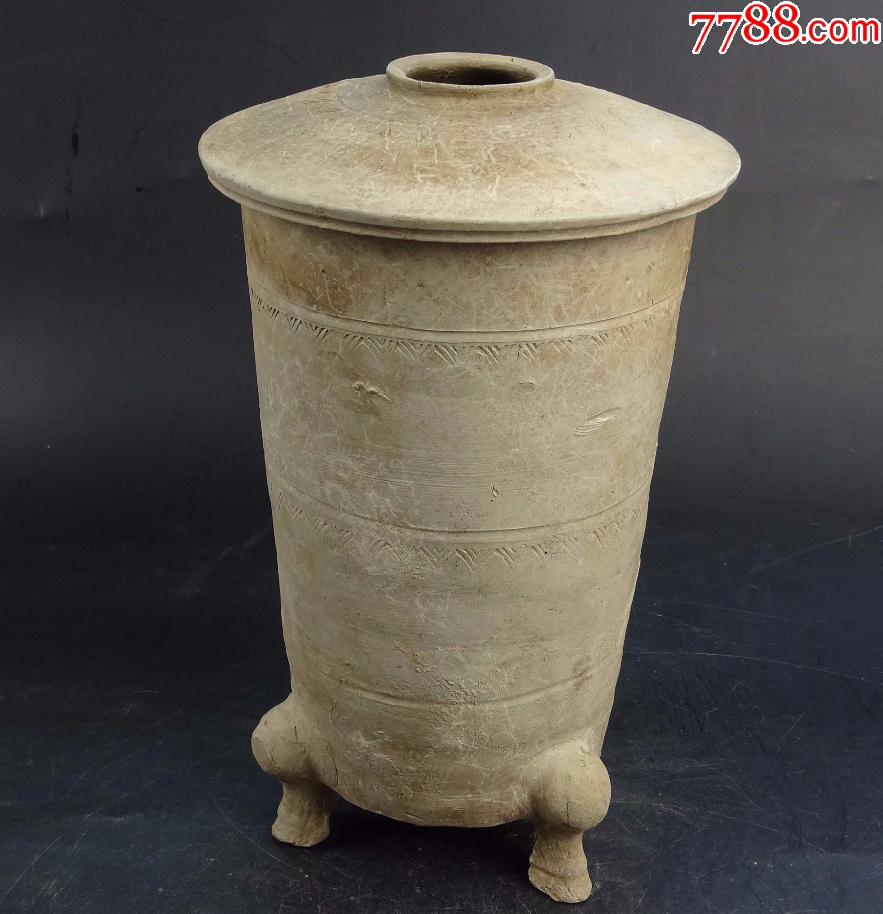 宋元明清康雍乾古文玩董包老真邮鉴藏窑汉三足旋纹刻花谷仓-价格:888