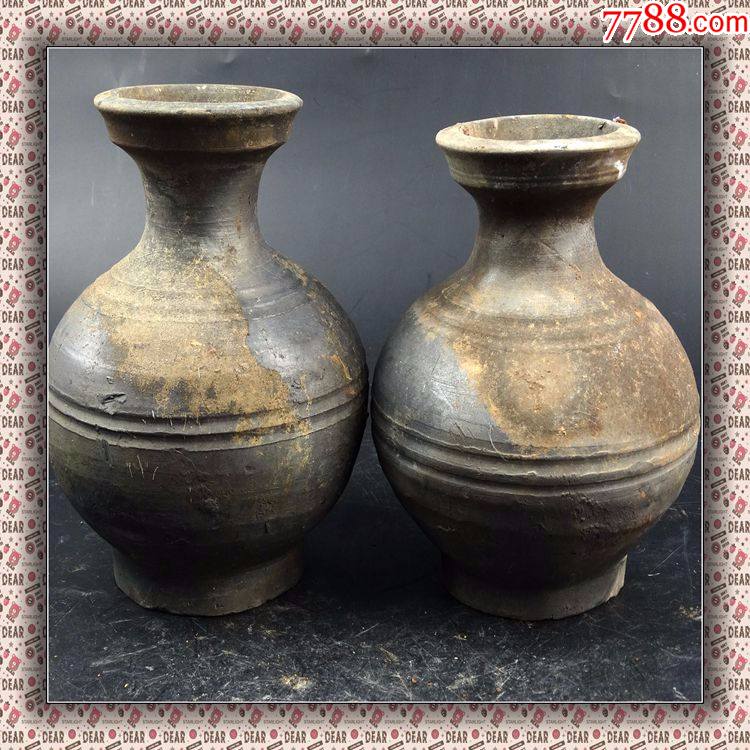 10037#古董包真包老高古陶瓷已鉴定汉代盘口旋纹灰陶壶瓶一对_价格988