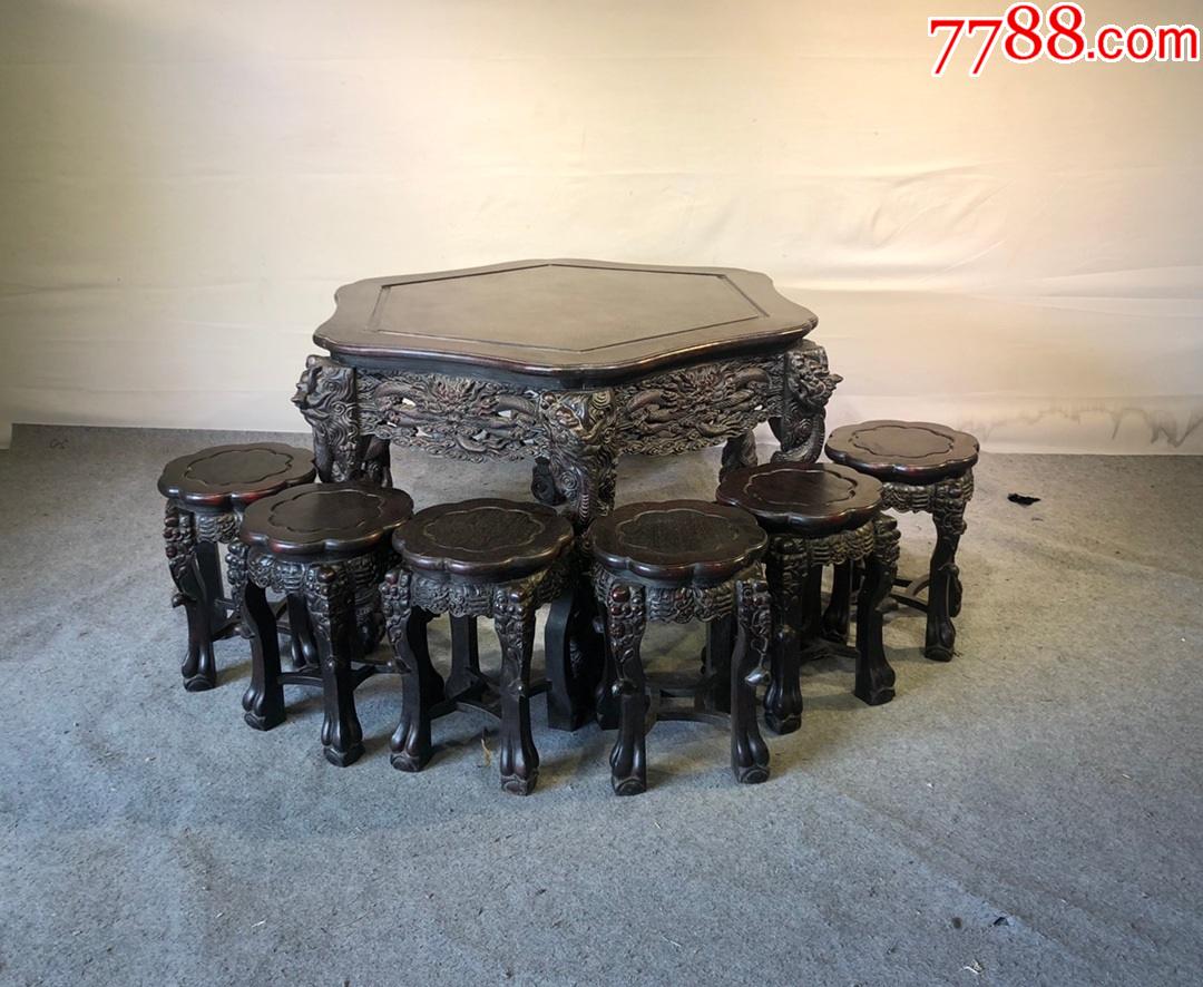 旧藏小叶紫檀高浮雕六角圆桌,-价格:26000元-se86859663-其他木艺家具