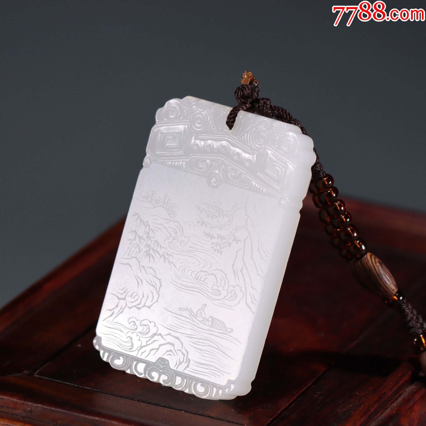 和田玉阴刻工山水人物芝亭牌