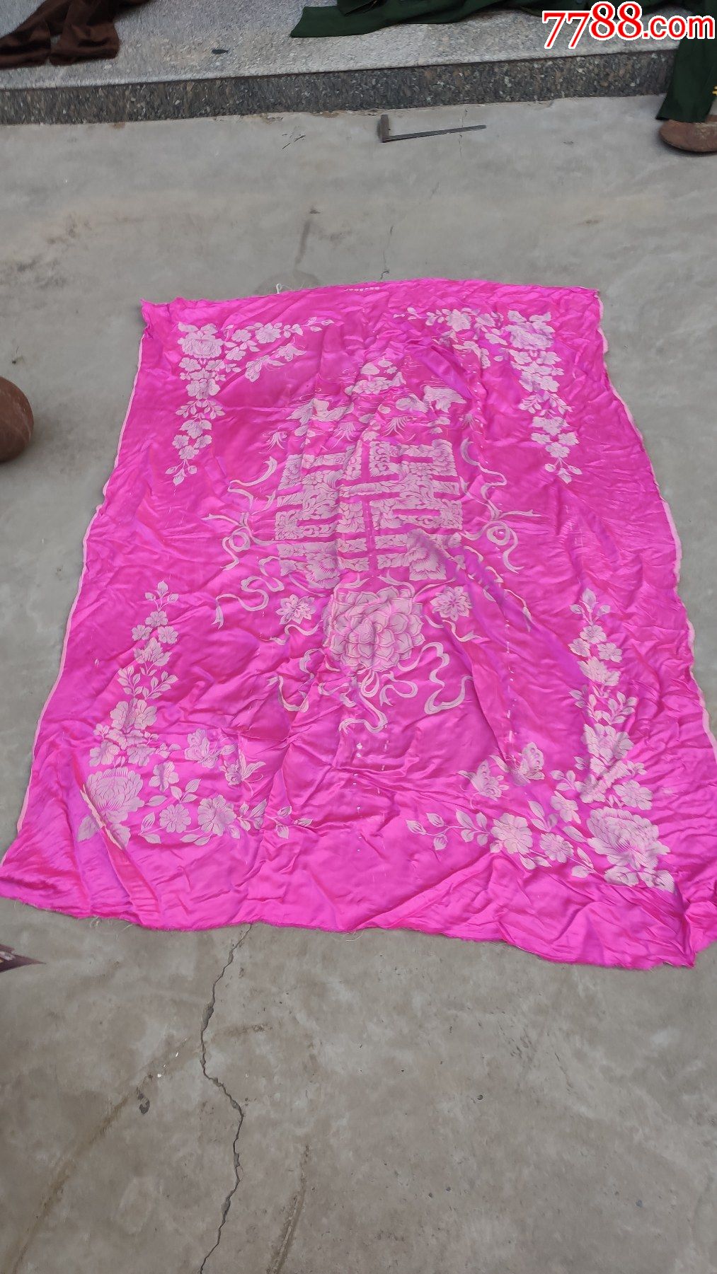 家居布艺旧床单被套收藏丝绸缎子被子面一件红双喜鸳鸯戏水图案杭州