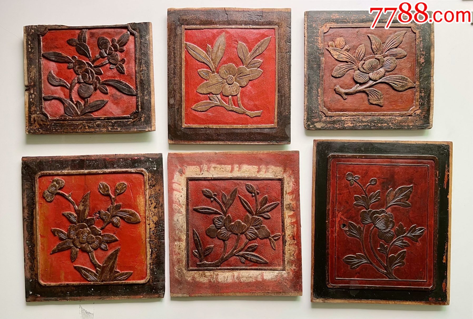 精品木雕清代或民国浙式民间浮雕花卉花板6个