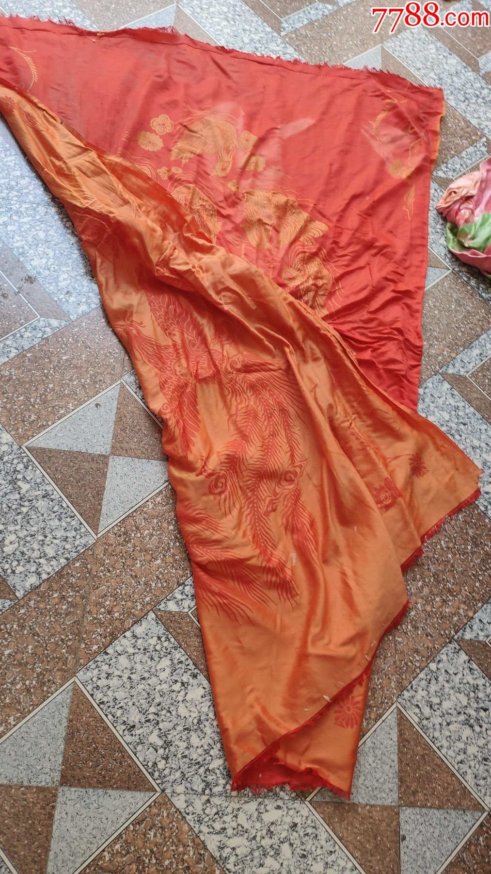 家居布艺旧床单被套收藏老丝绸缎子被子面一件红色双凤六鸳鸯