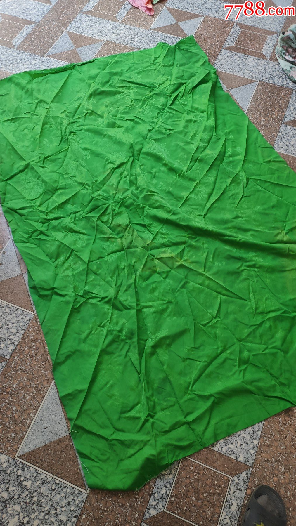 家居布艺旧床单被套收藏老丝绸缎子被子面一件绿色河北新华丝绸厂