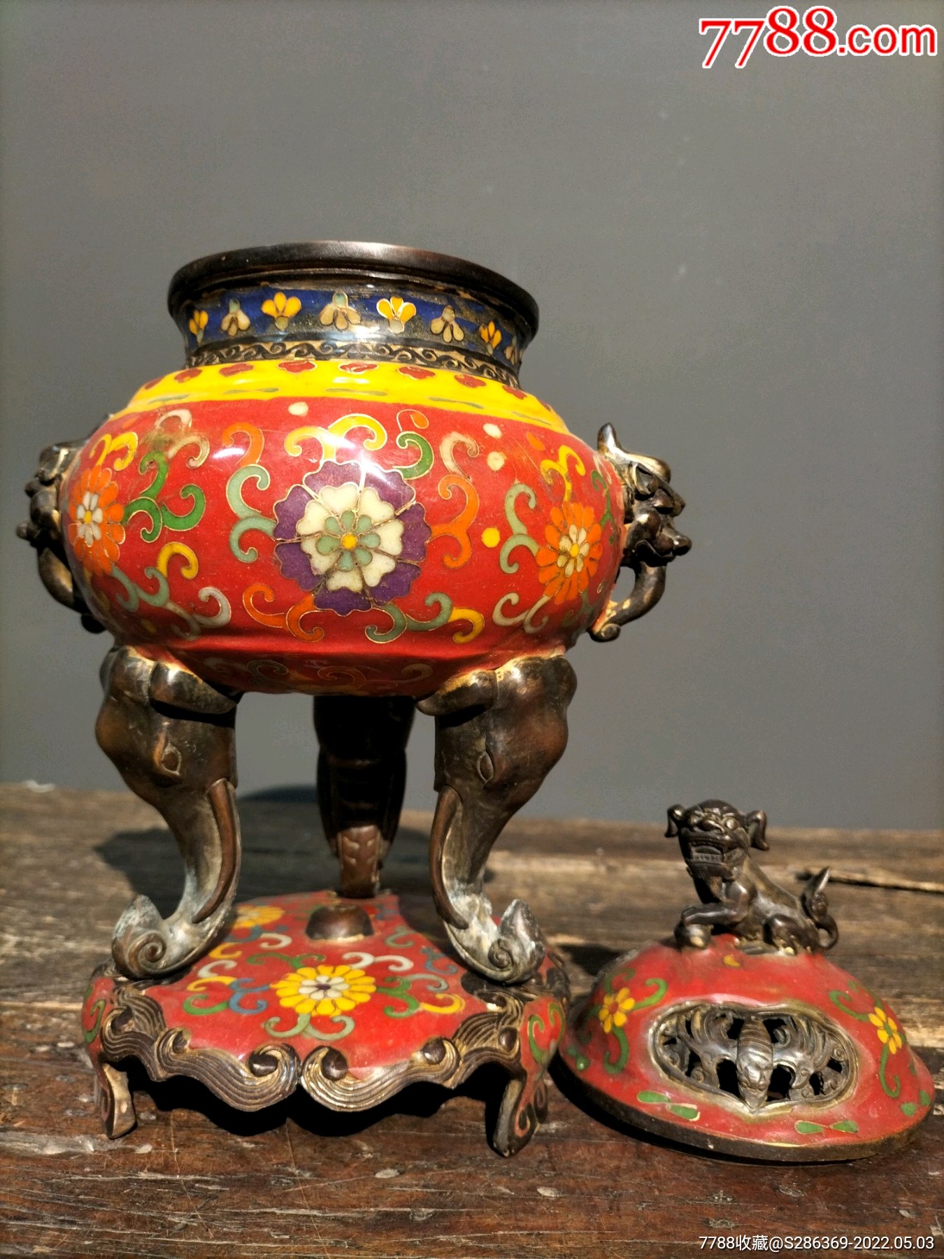 纯铜厚胎景泰蓝手工掐丝珐琅彩三体三象足福寿双狮耳瑞狮熏香炉摆件