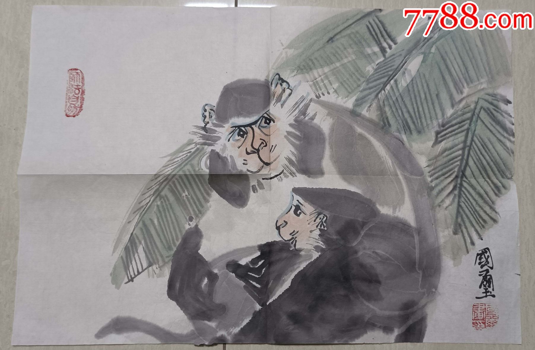 北京著名画家京城猫人马国玺母子情猴水墨画