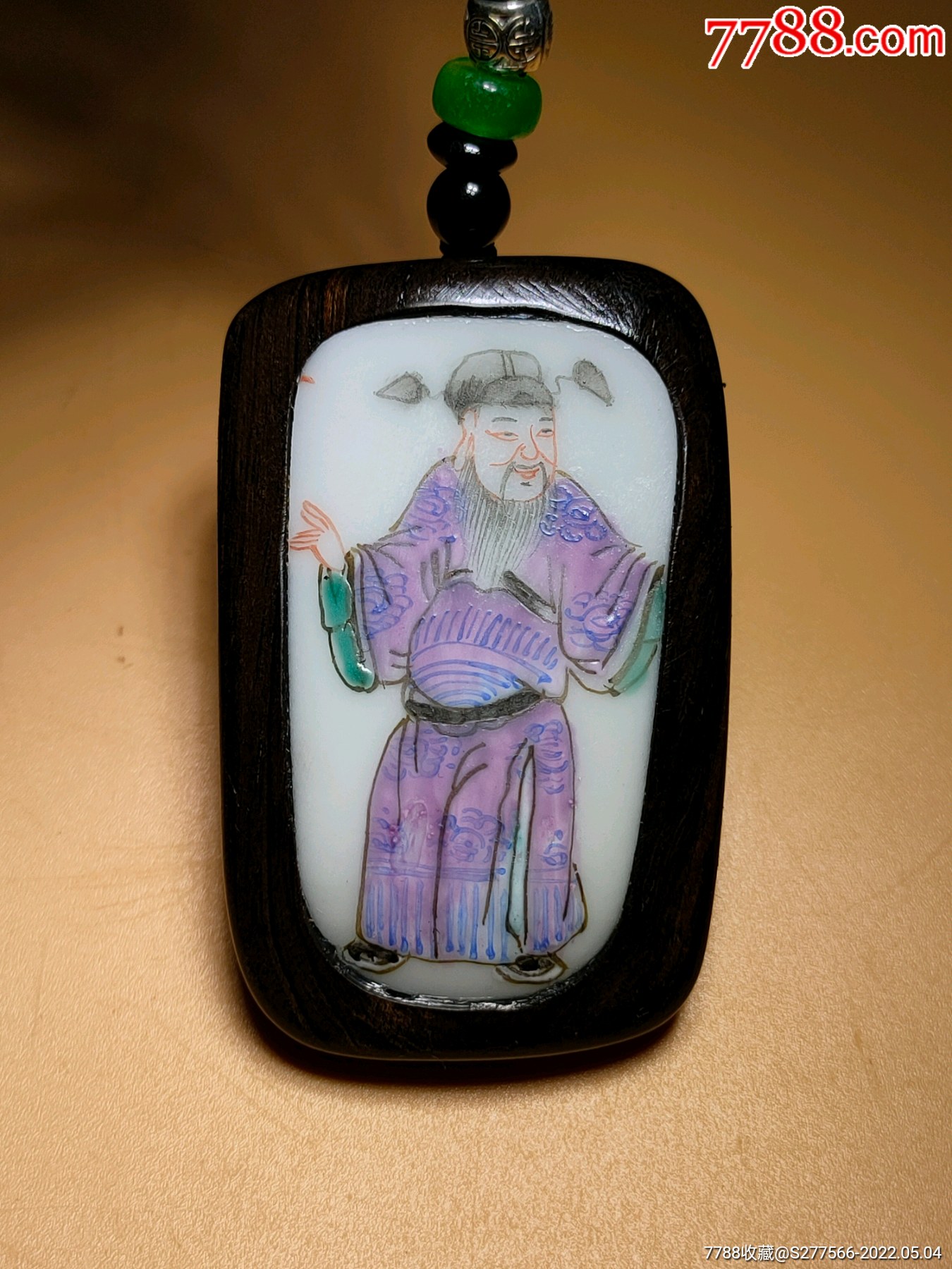 清代粉彩八仙人物故事之曹国舅瓷片镶嵌紫光檀挂牌