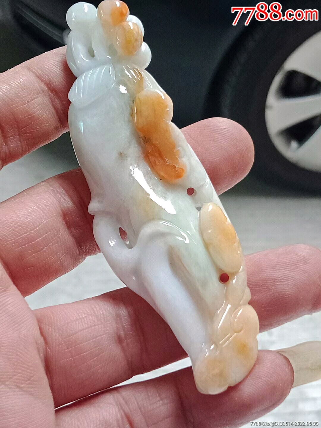 缅甸翡翠20792a三彩千年老山参手把件送证书