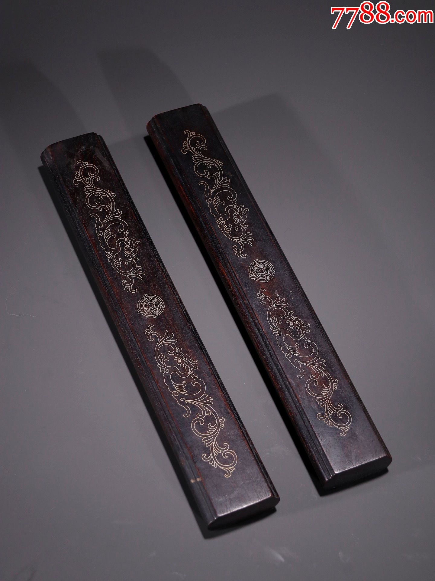 紫檀木掐银丝双龙戏珠镇尺一对