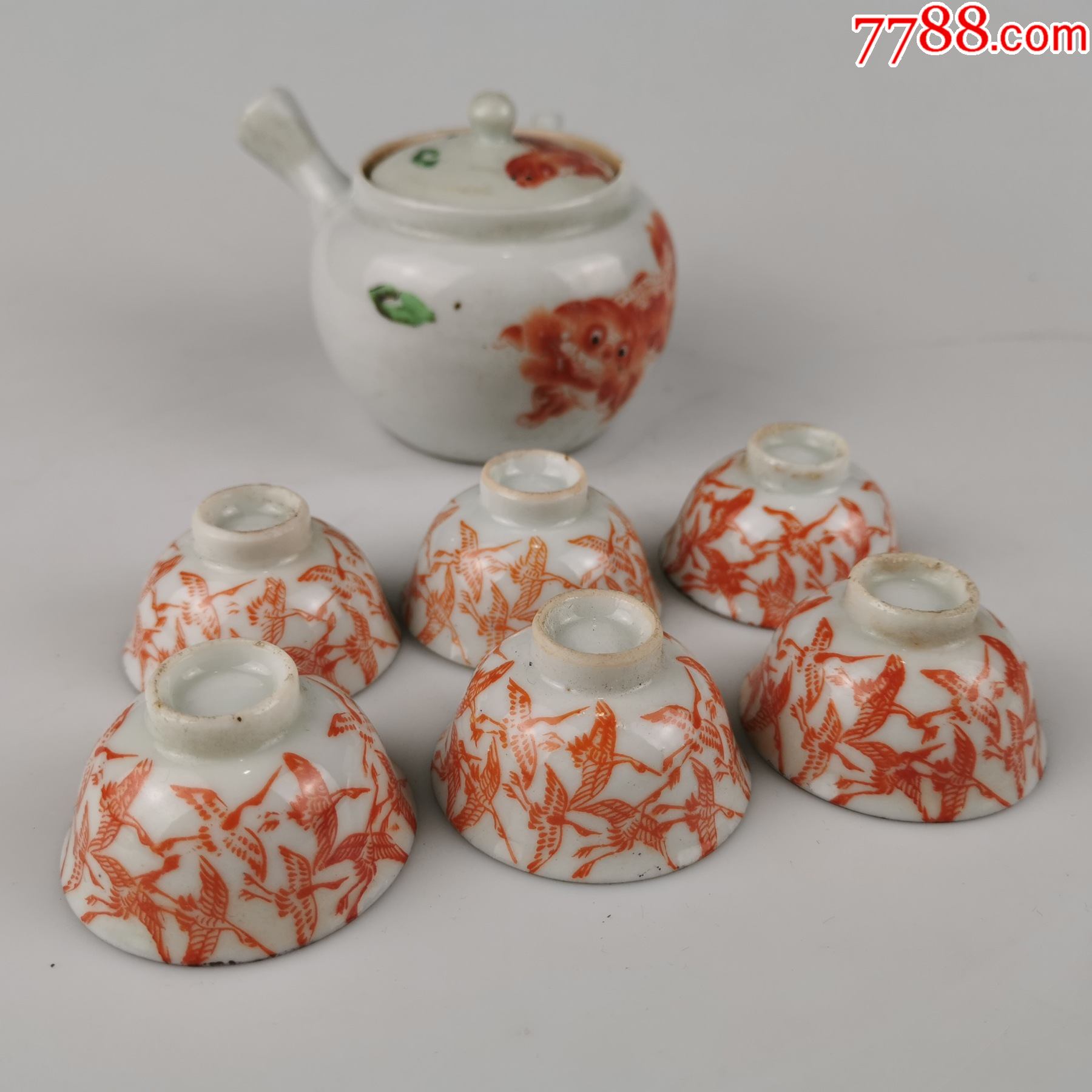 清代矾红彩瓷器老瓷壶茶杯一套_红釉瓷_图片欣赏_收藏价值_7788明信片