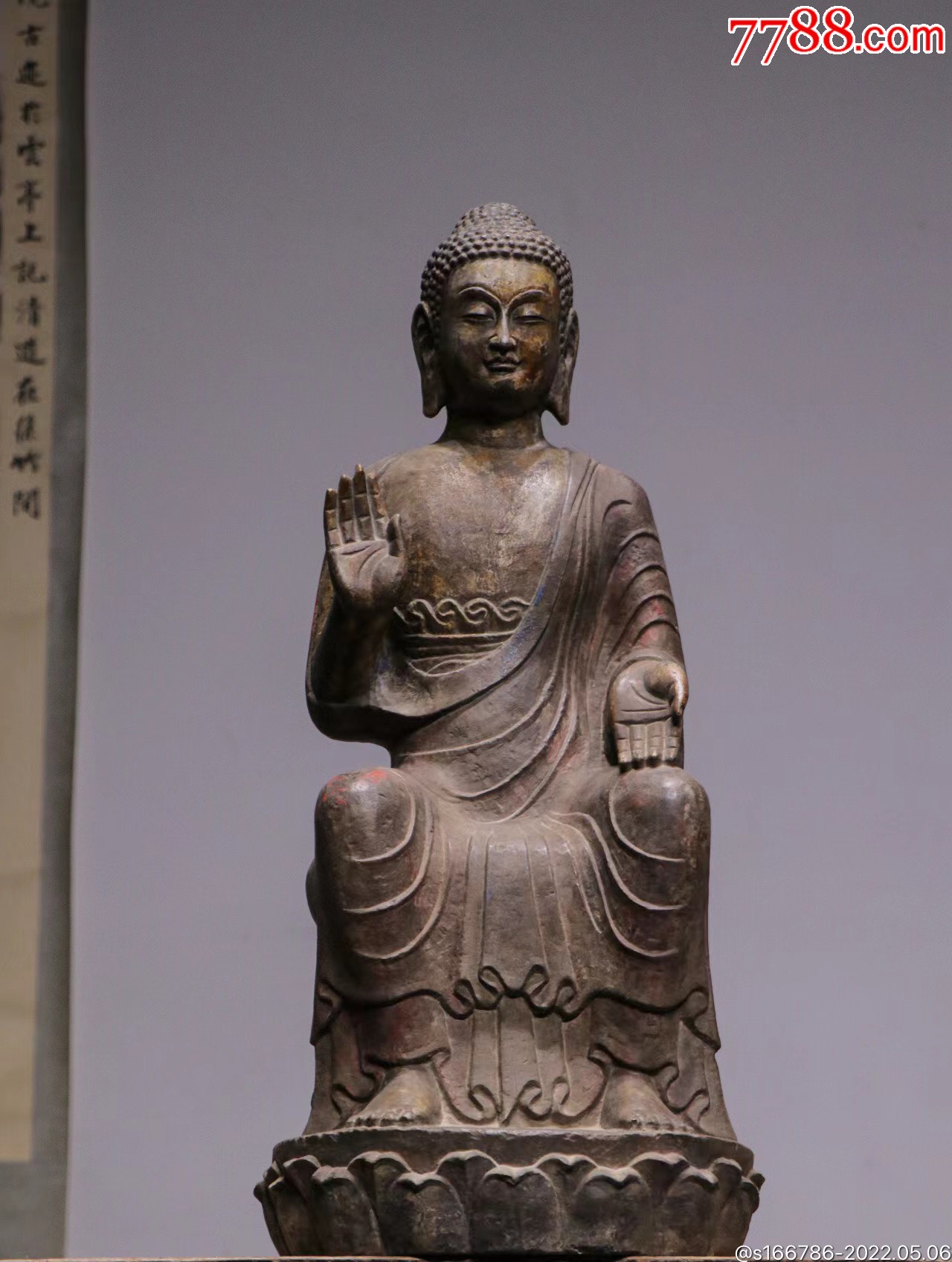 释迦牟尼坐佛高68长30宽28厘米青石开脸饱满神态慈祥肉髻圆隆大耳