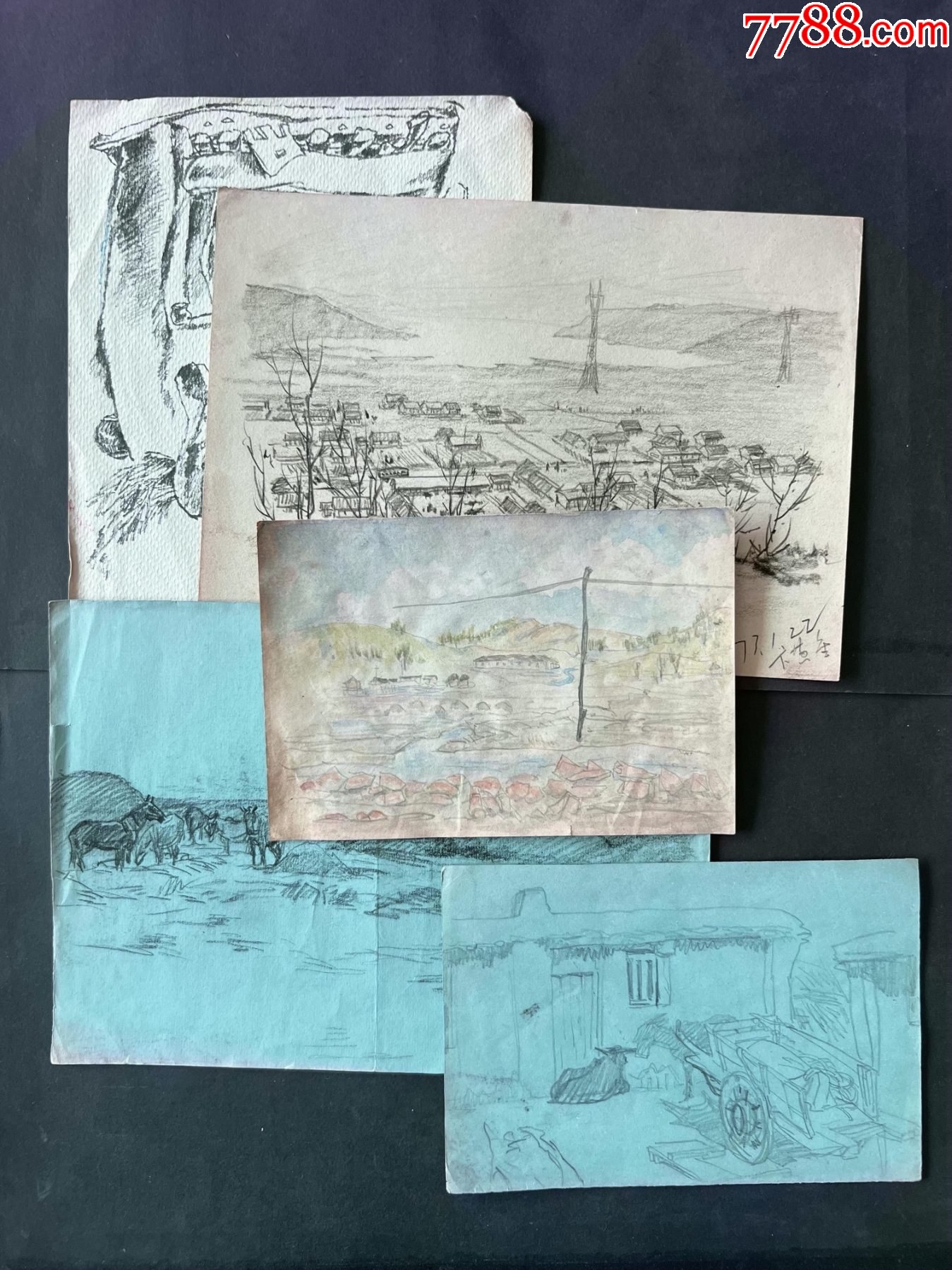 6080年代左右手绘素描速写风景画稿原稿5张