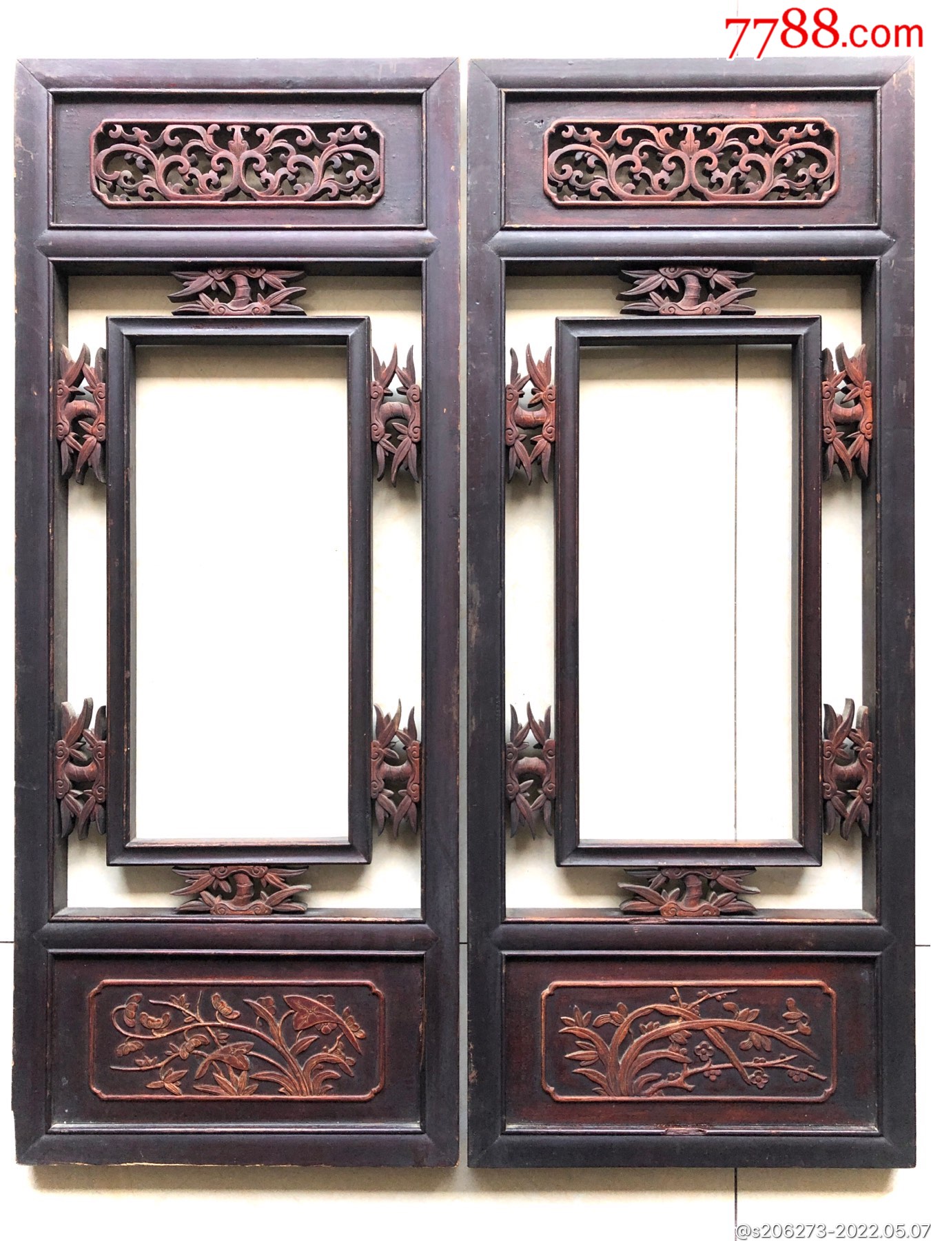 民国老木雕挂屏画框花板一对