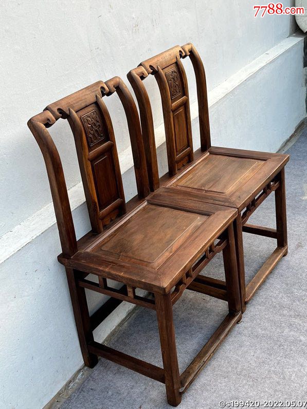 民国榉木两椅一几保存完整雕刻精致结实稳固全品包老