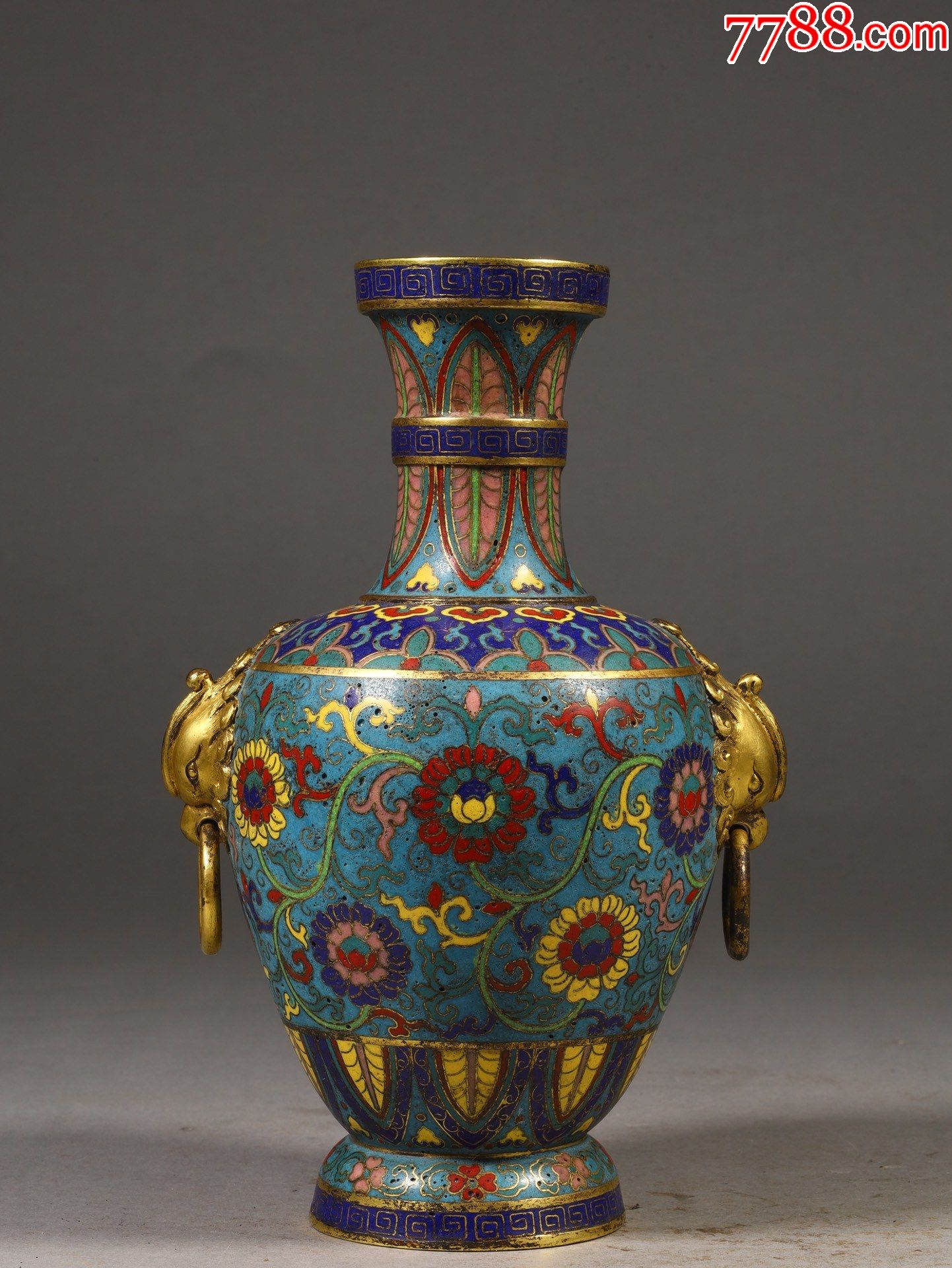 铜鎏金掐丝珐琅缠枝花卉纹双兽耳赏瓶