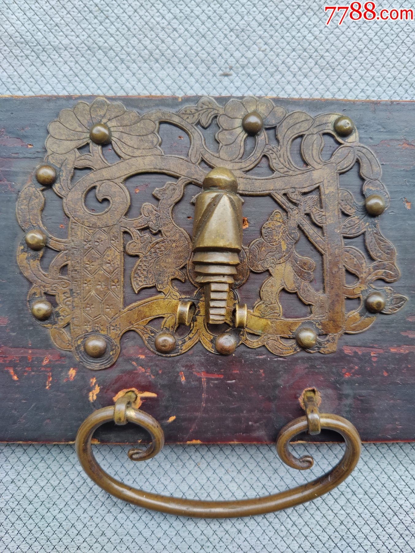 精品铜活老铜片拉手雕刻鸬鹚与渔夫中间蝉代表一鸣惊人