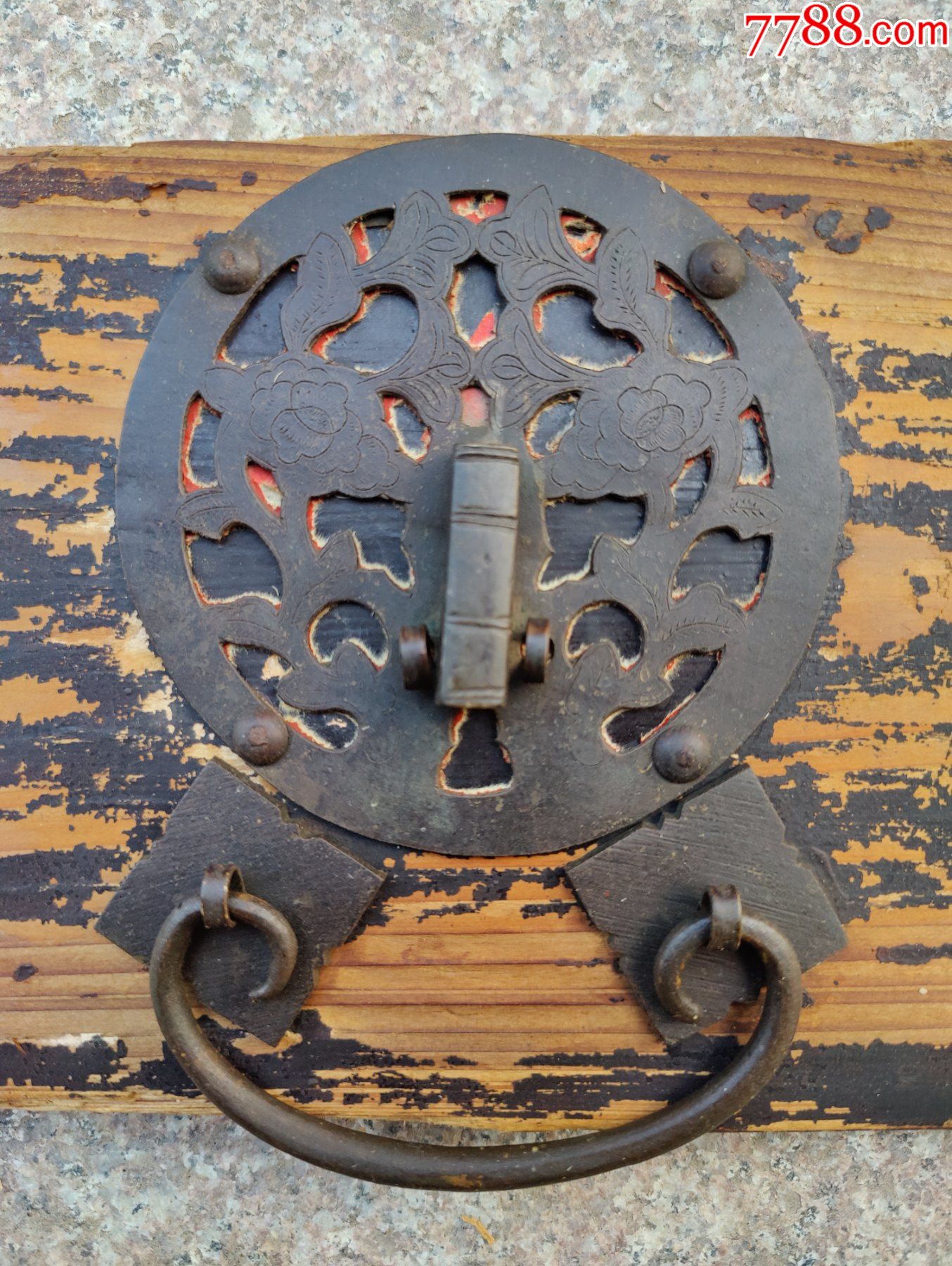 清代江西柜子抽屉板带富贵牡丹芙蓉花铜片拉手黄铜老包浆