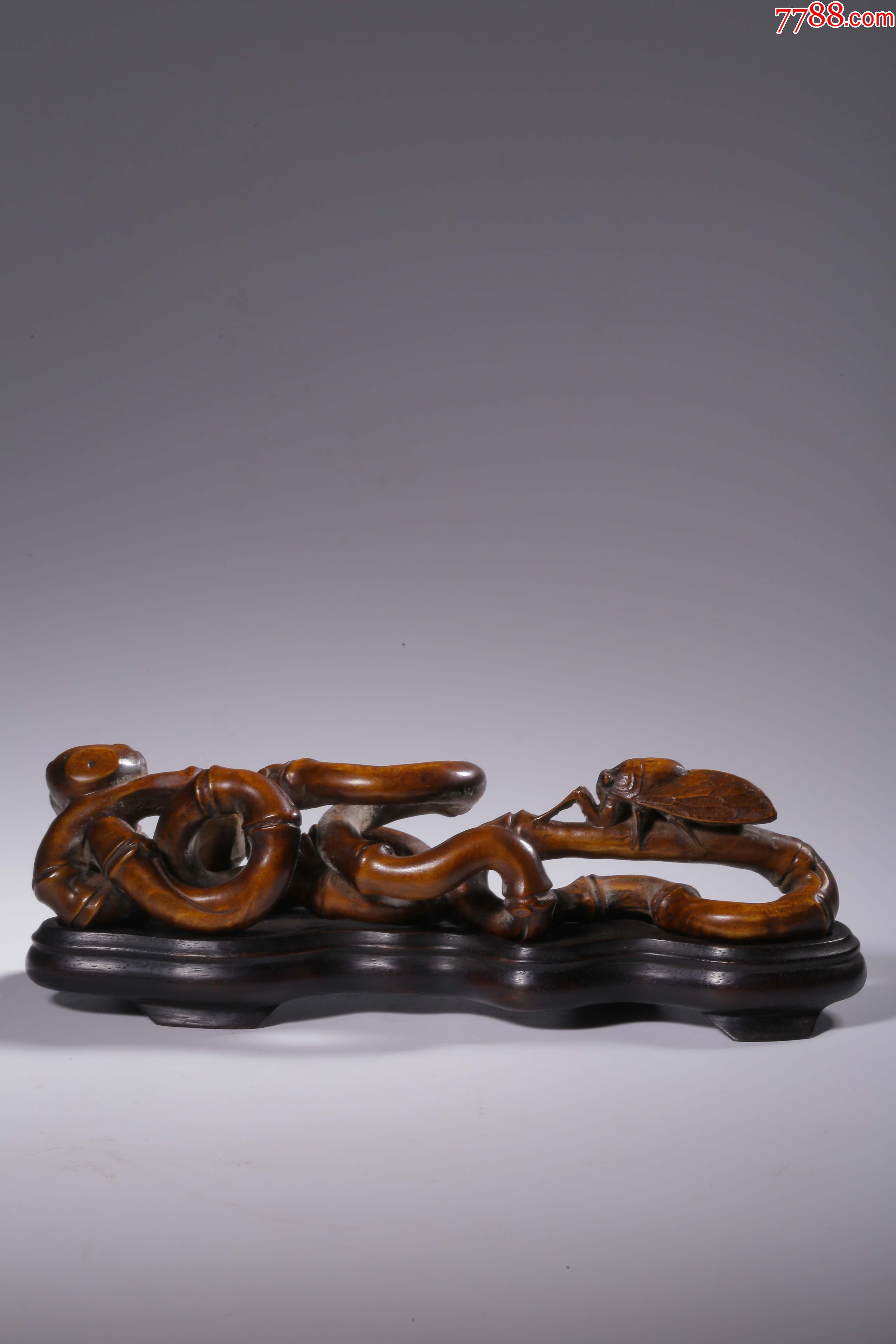 竹雕仿竹节纹文房山子笔架配红木底座