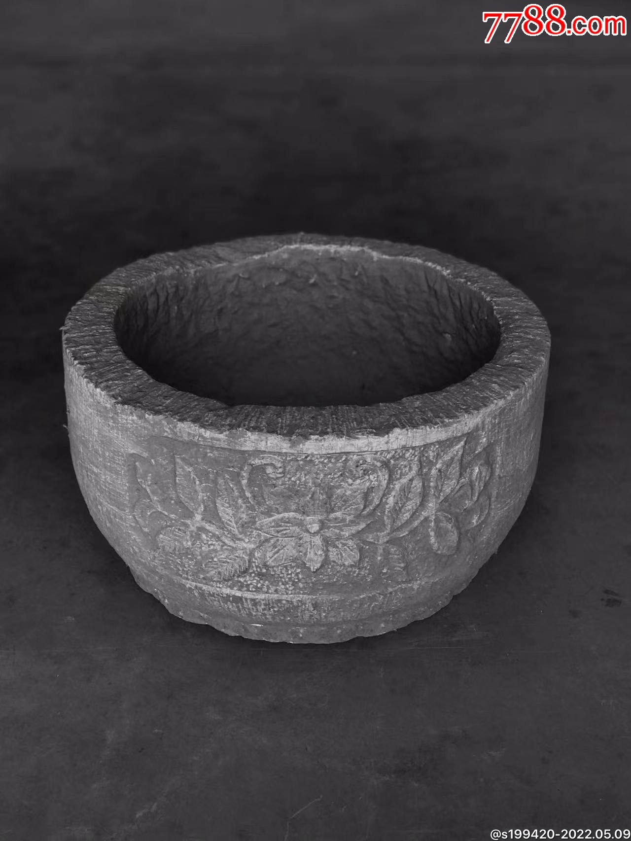 清代青石水仙盆双面开窗荷花器型周正规矩全品无裂包老尺寸2818内深9