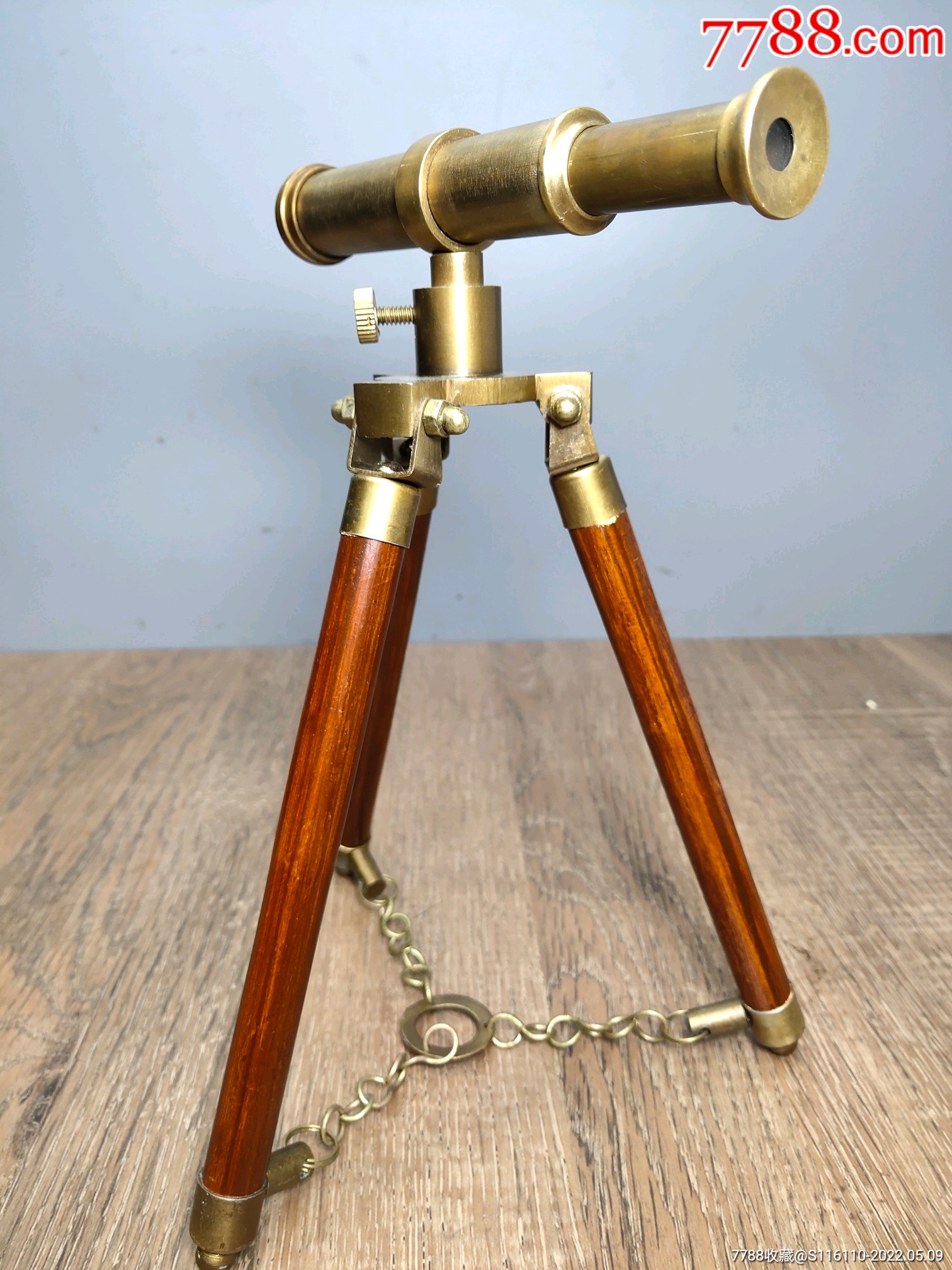 旧藏回流纯铜三角木支架伸缩式单筒望远镜