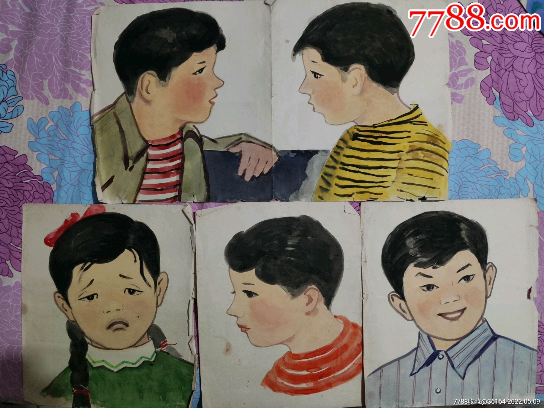 六七十年代大幅水彩儿童肖像漫画一组
