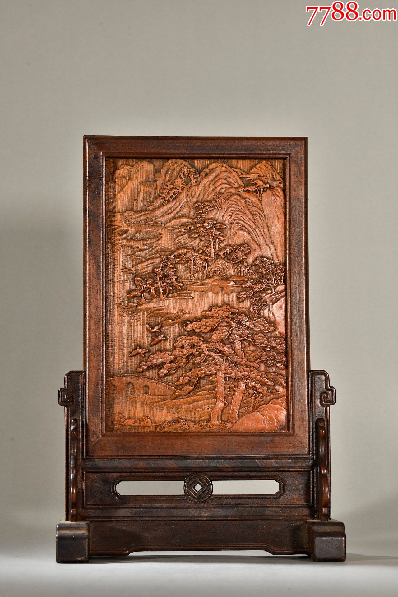 老红木镶竹雕山水意境插屏_木屏风_第1张_7788陶器收藏