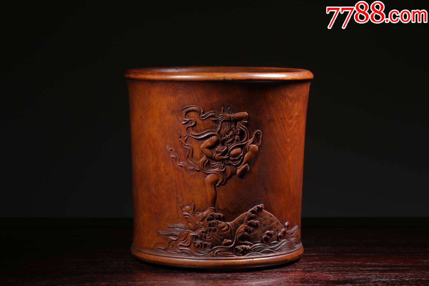 黄花梨雕魁星点斗携诗文文房笔筒