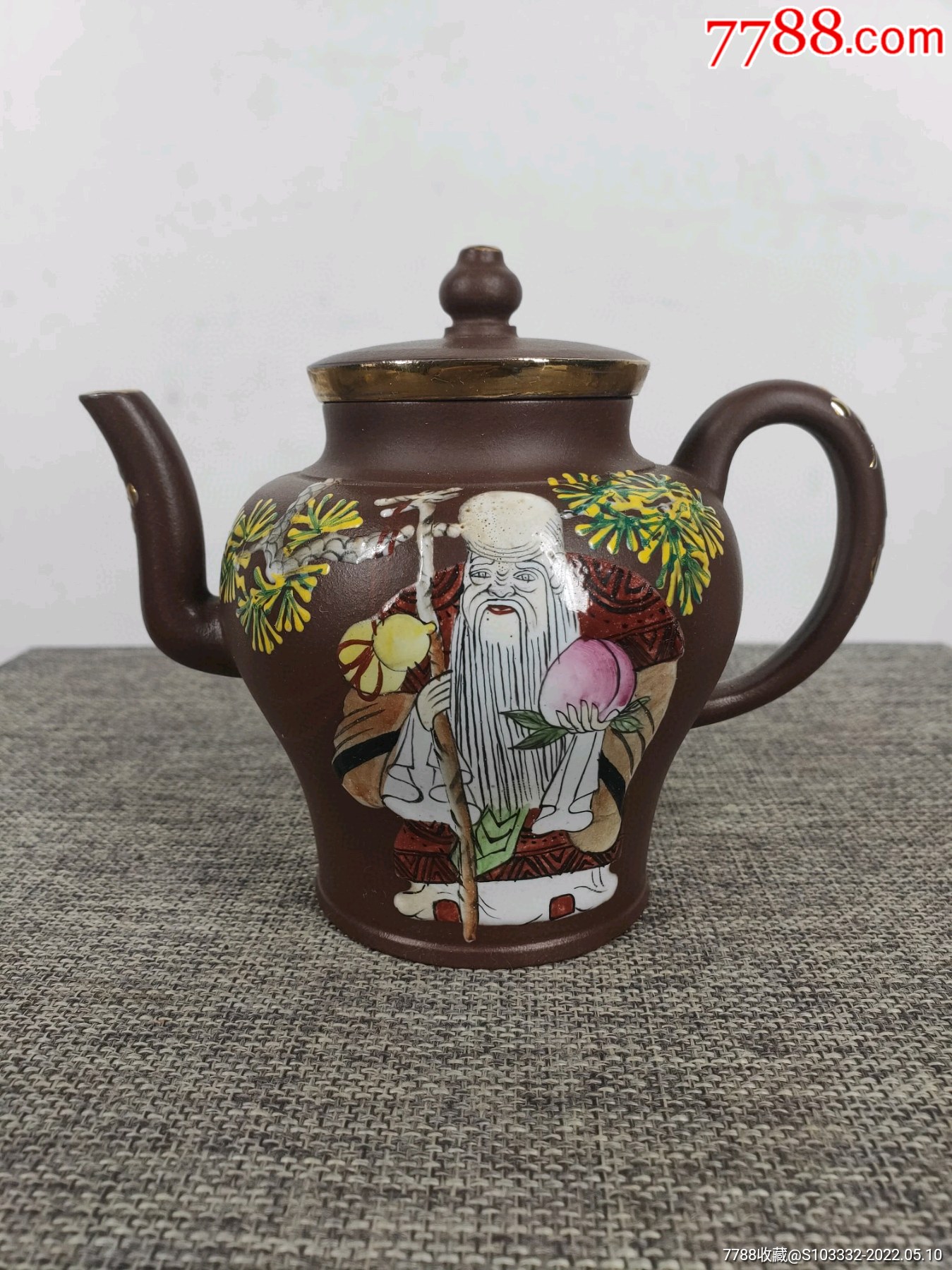民间收到民藏乾隆御製底款画彩老寿星紫砂壶一把保存完整十分难得收藏