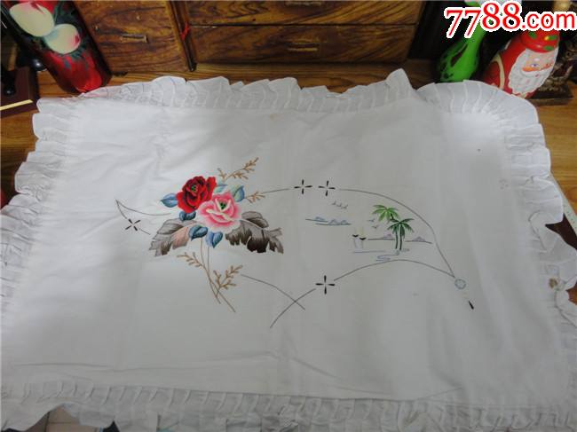 上世纪7080年代老式刺绣山水图案老枕套一只民俗怀旧老物品第叁组