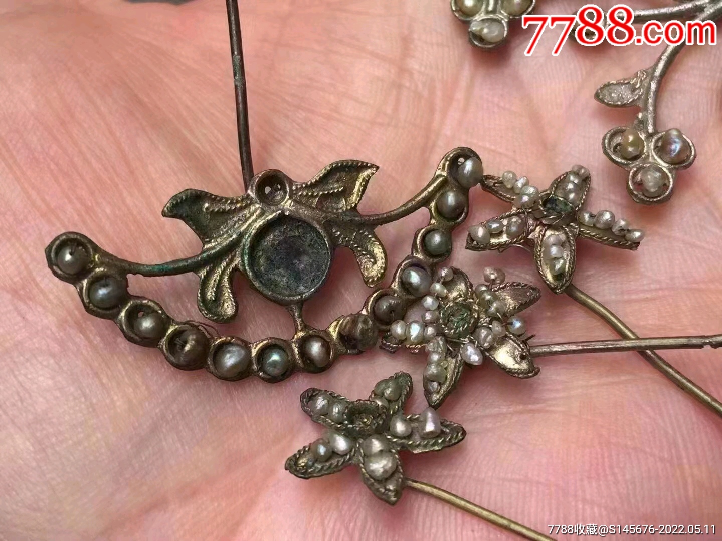 清末民初镶珍珠发钗8支