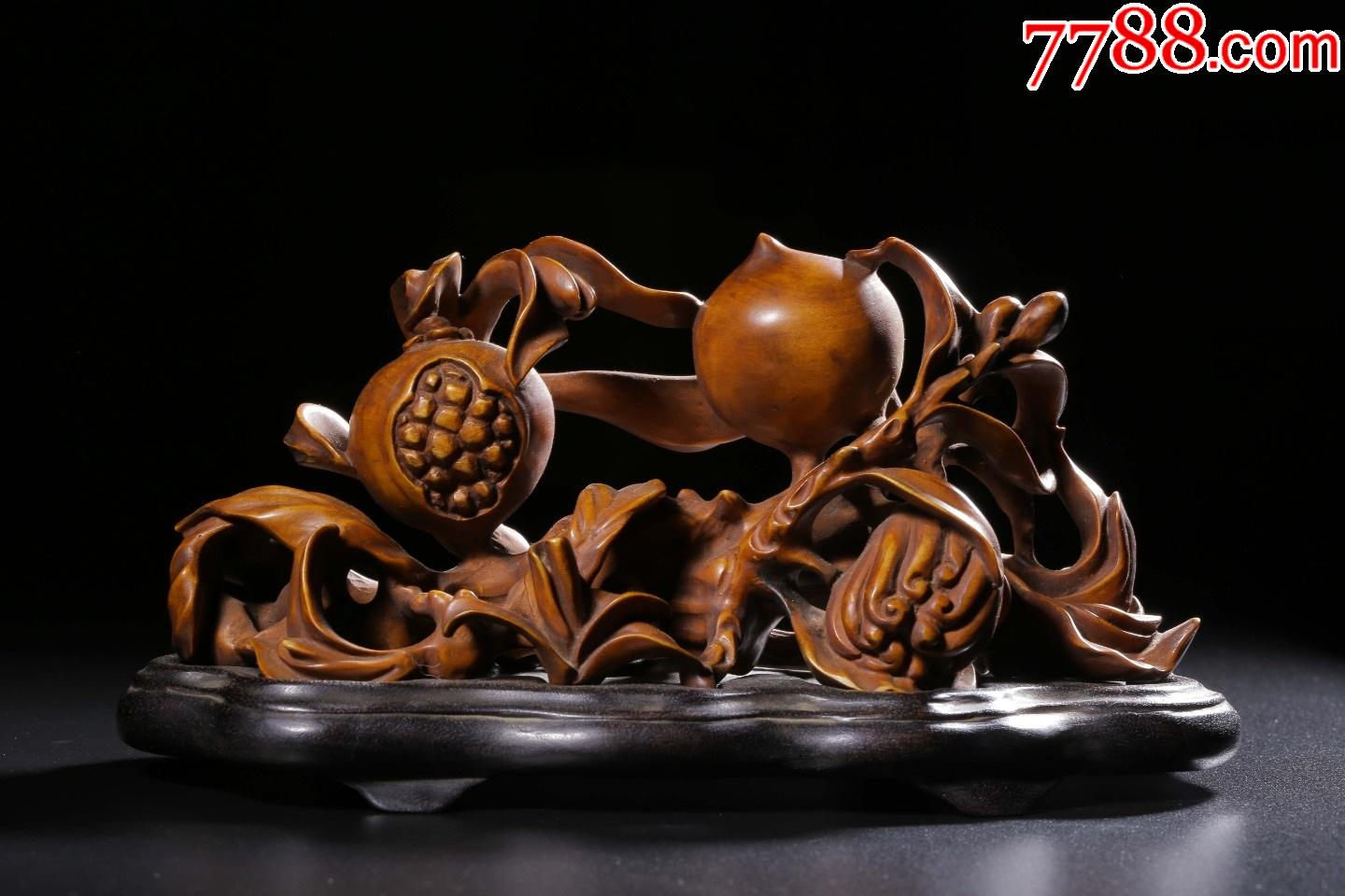 黄杨木雕三多文房摆件(配红木底座)_价格3800元_第1张_7788商城__七七