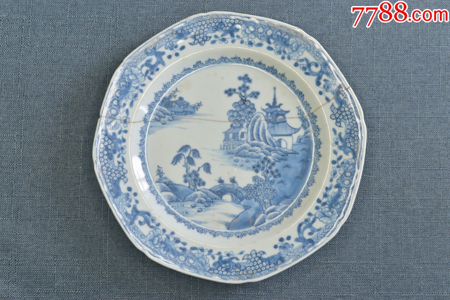 海外销瓷欧洲回流青花手绘通景纹山水盘子老锔钉子欧美回流