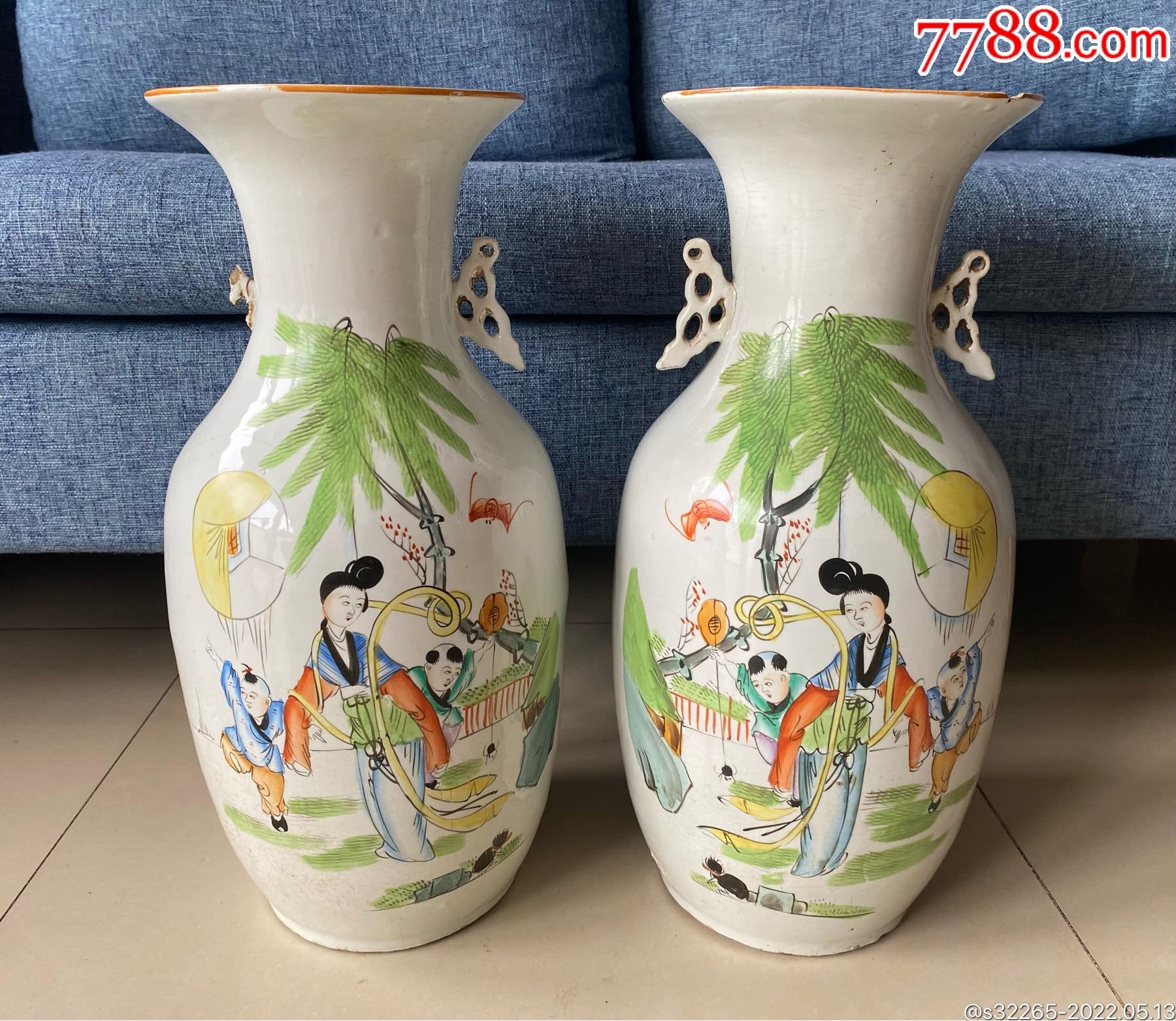 民国婴戏图掸瓶150件双耳大花瓶一对-价格:1200元-se87062711-彩绘瓷