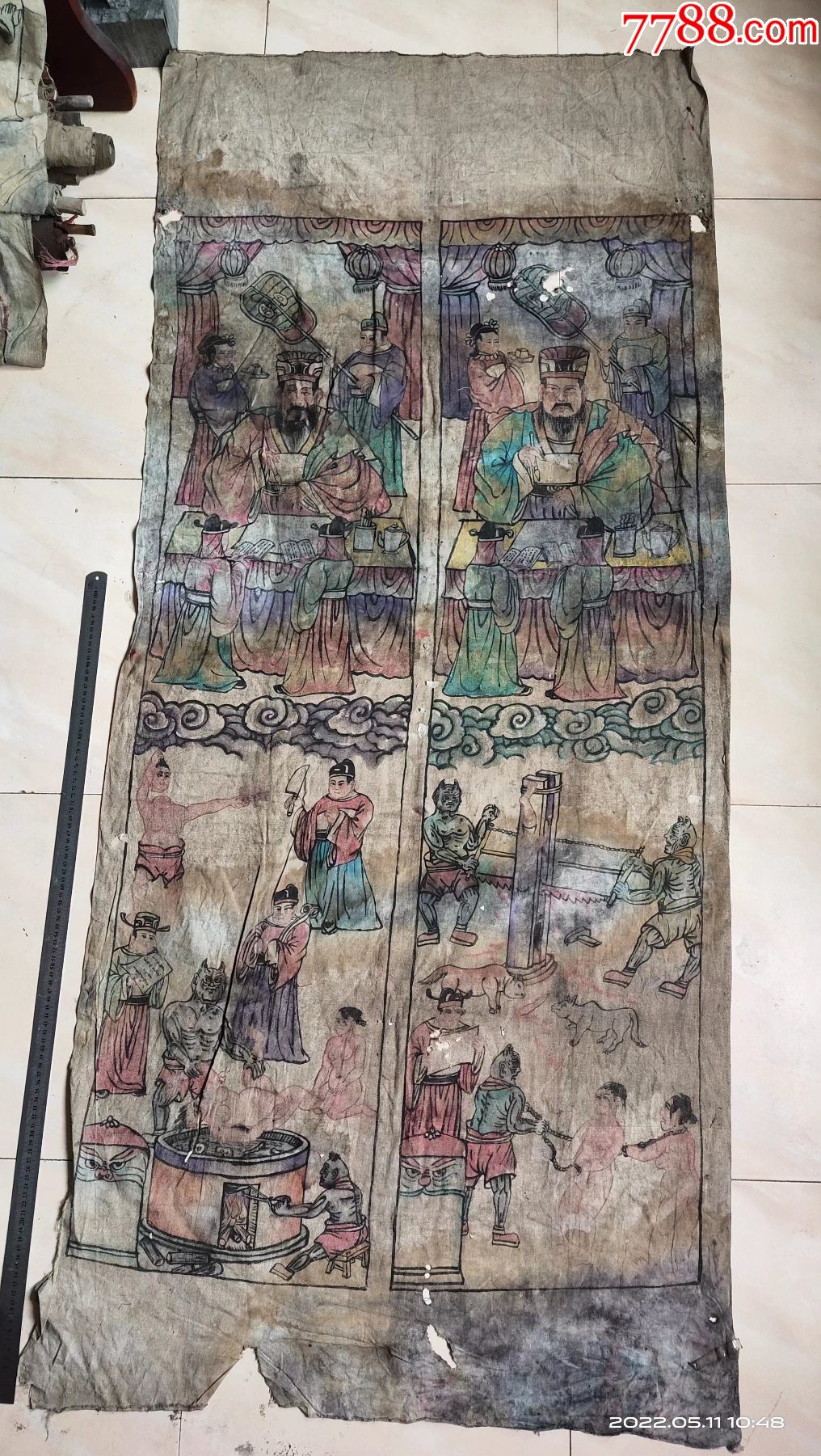 长190宽82厘米,手绘老布画阎王判案水陆画,局部有瑕疵包邮-价格:280元-se87067553-人物国画原作-零售-7788收藏__收藏热线