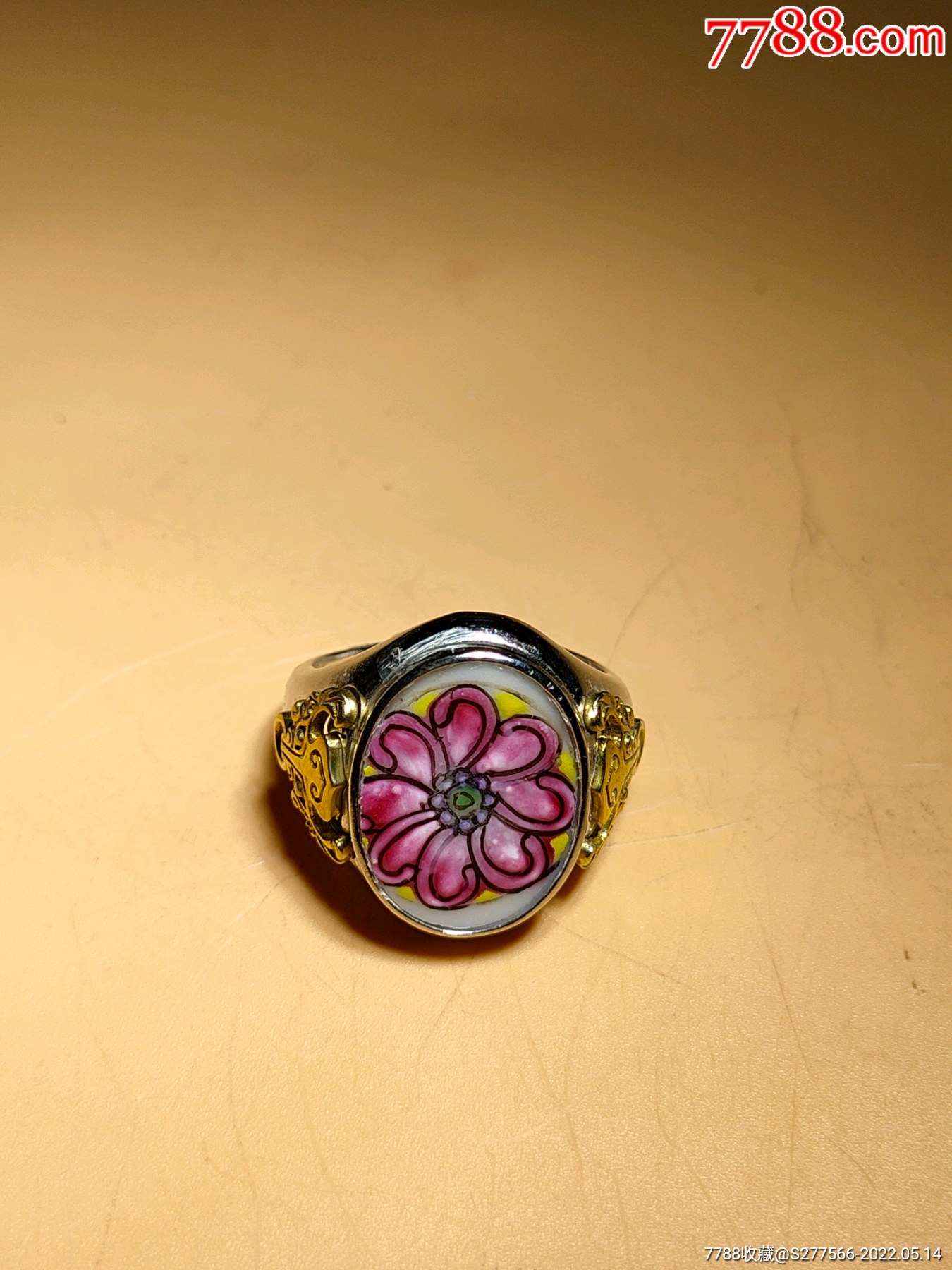 清代乾隆珐琅彩皮球花"樱花"图瓷片镶嵌银戒指_价格128元_第1张_7788