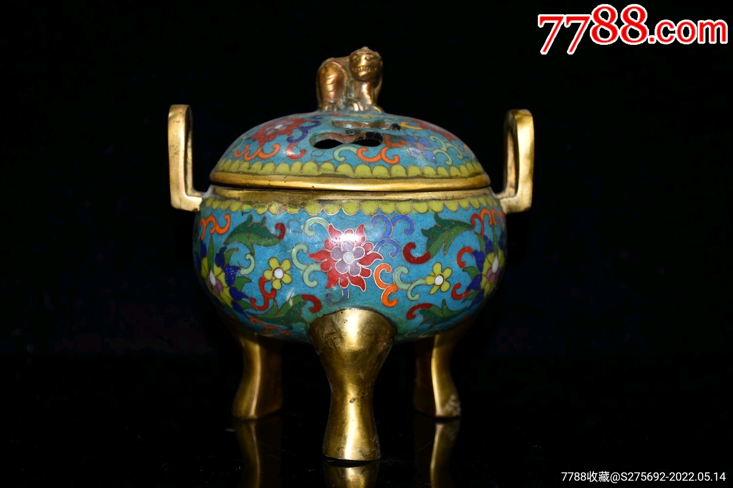 纯铜镀金景泰蓝掐丝三腿双耳香炉摆件