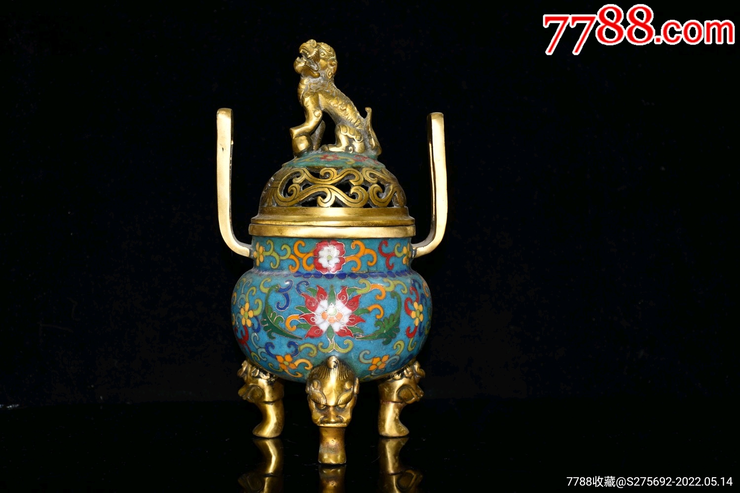 纯铜镀金景泰蓝掐丝三腿双耳狮子熏香炉摆件