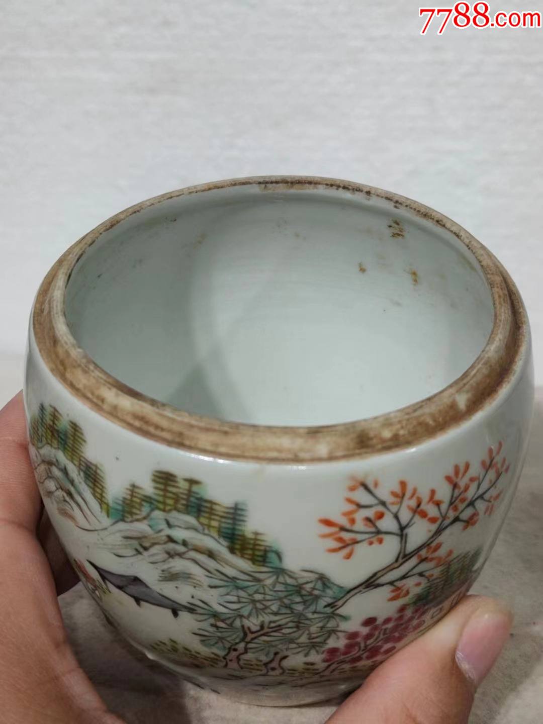 清晚期浅绛彩名家汪友棠作品全手工浅绛彩秋江待渡茶叶罐高115