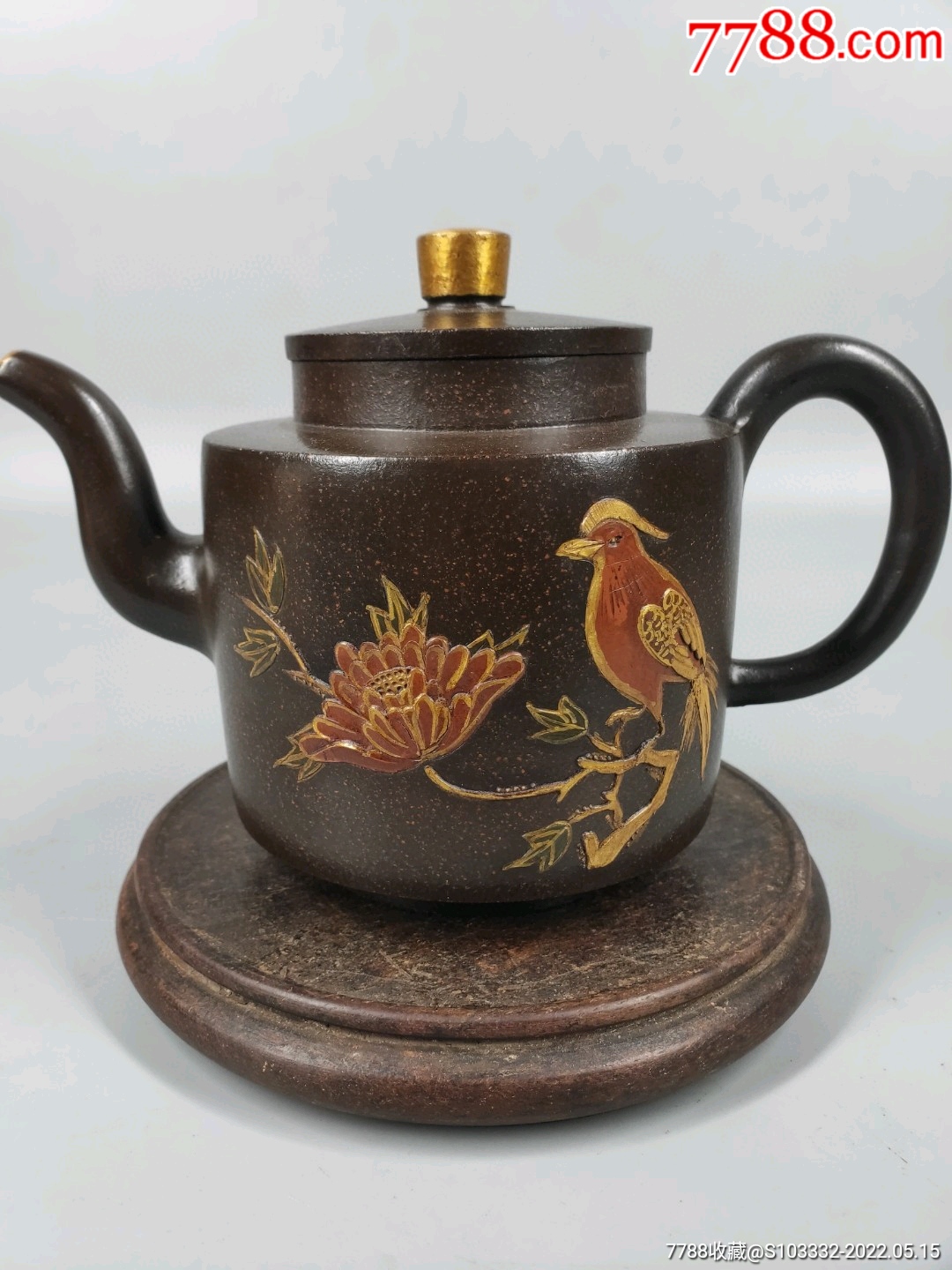民间收到民藏何道洪底款画彩描金黑金刚砂老紫砂壶一把包浆醇厚