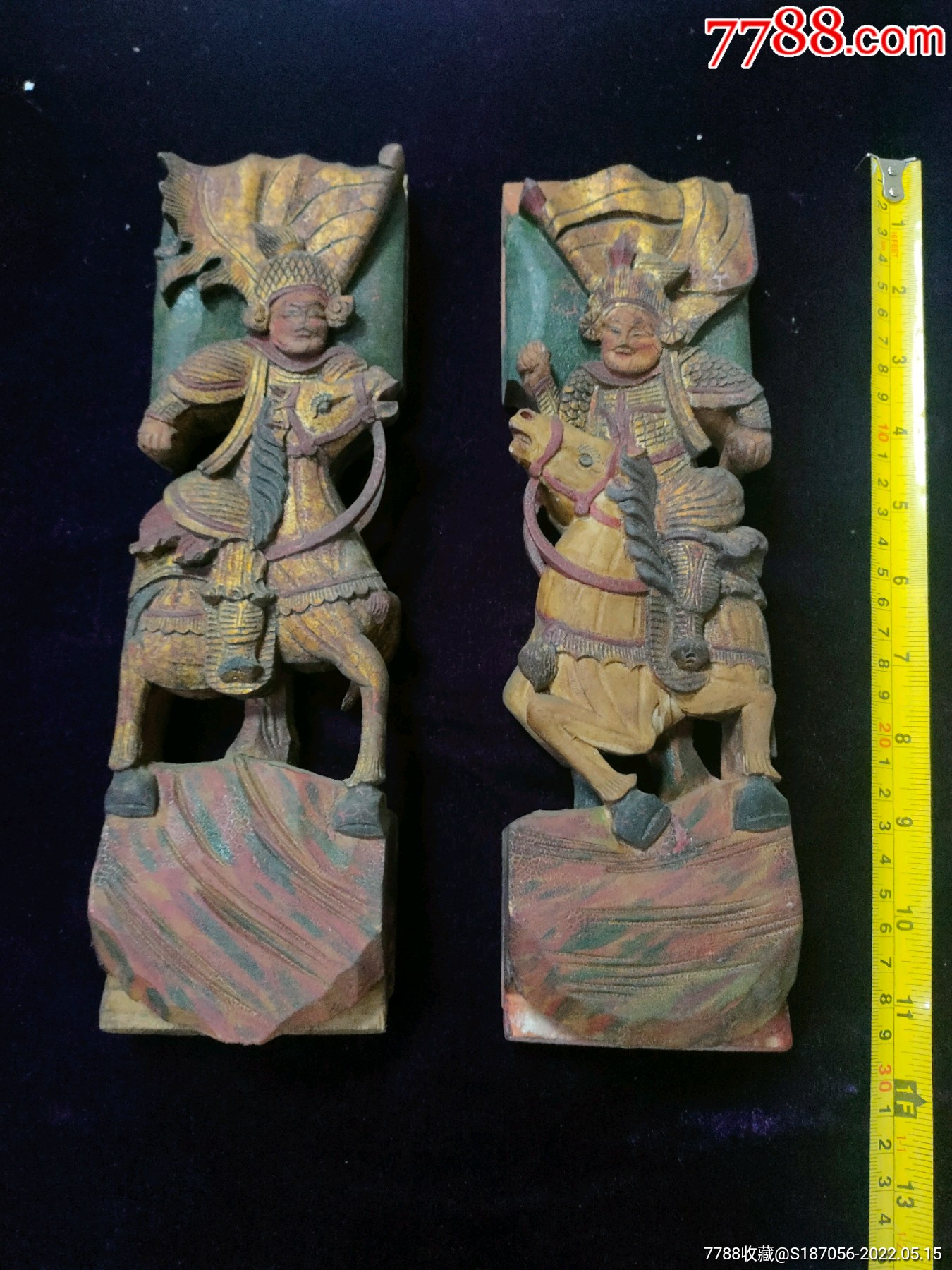 清代武将木雕一对
