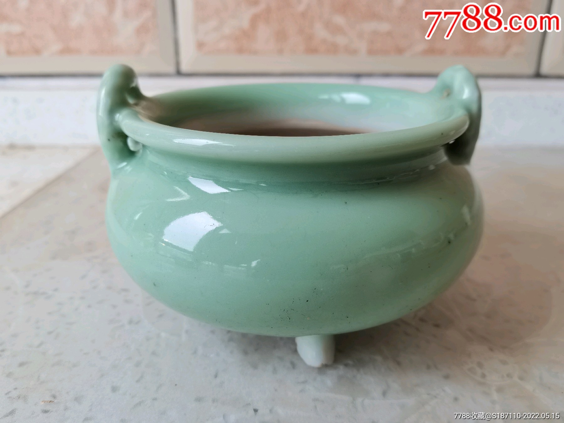 清代豆青釉双耳香炉-价格:1380元-se87103268-青瓷/秘色瓷-零售-7788
