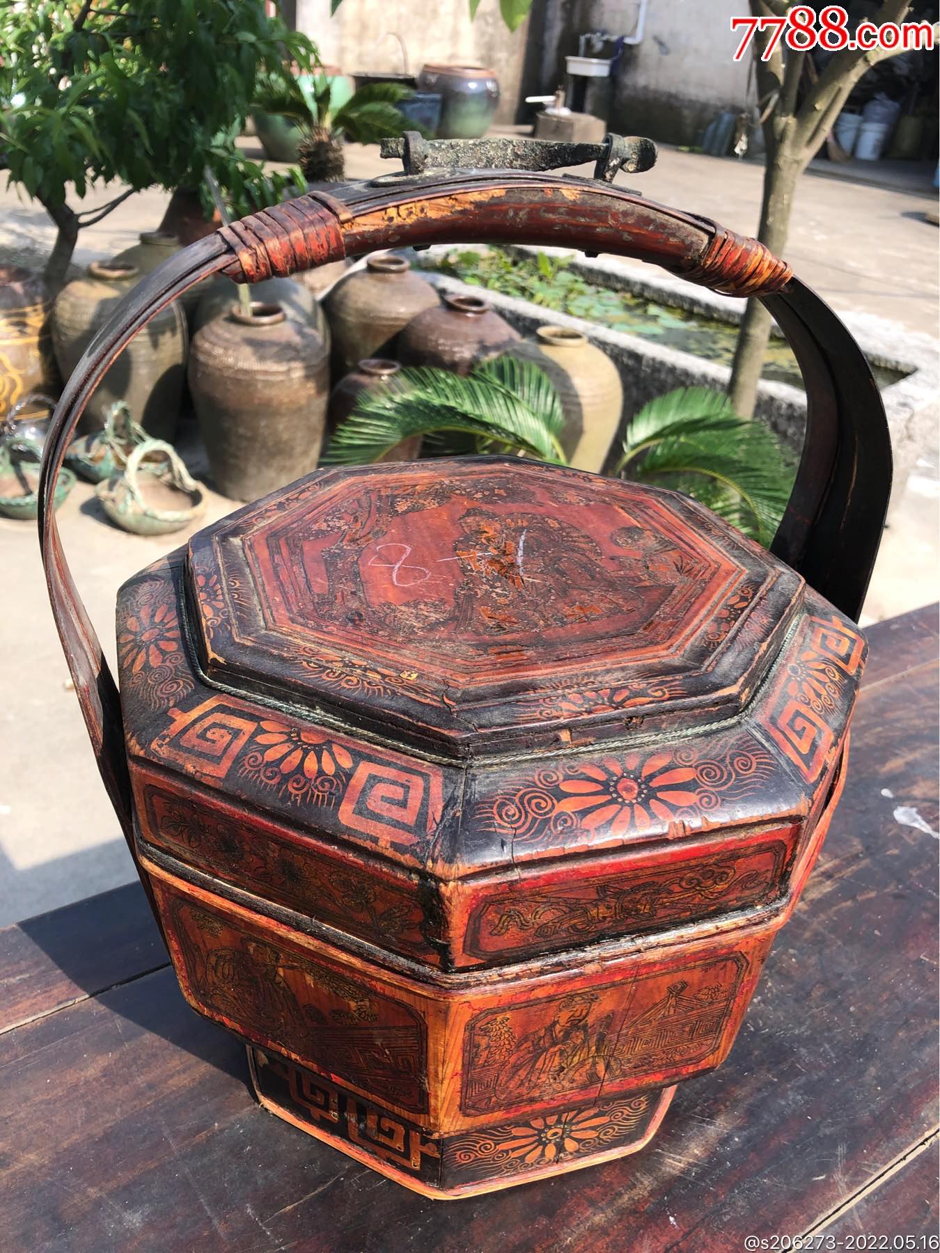 民国精品满工描画人物提篮食盒