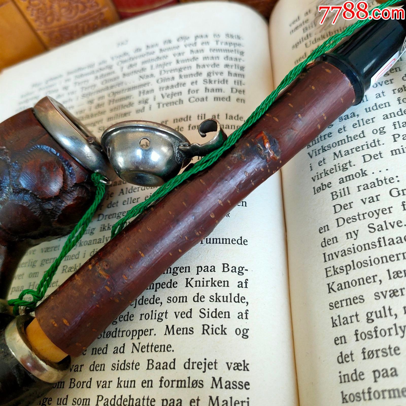 西洋古董蒂罗尔黑森林长茎镀银盖老式叼嘴烟斗樱桃木烟管