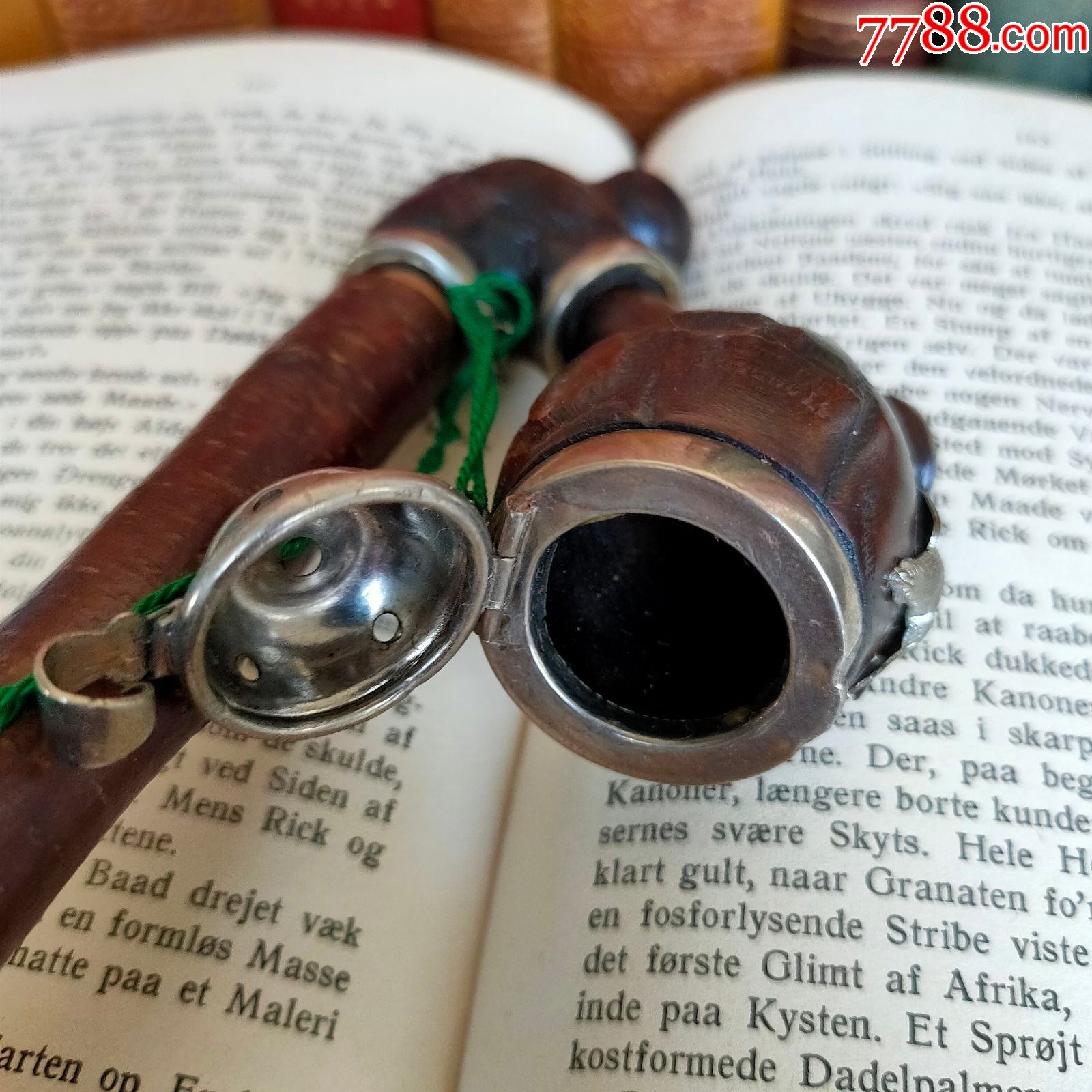 西洋古董蒂罗尔黑森林长茎镀银盖老式叼嘴烟斗樱桃木烟管