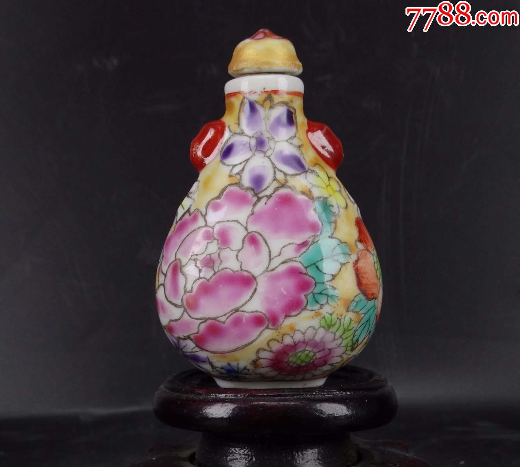 21创汇期古玩古董瓷器收藏手绘百花纹花叶底款粉彩花卉鼻烟壶