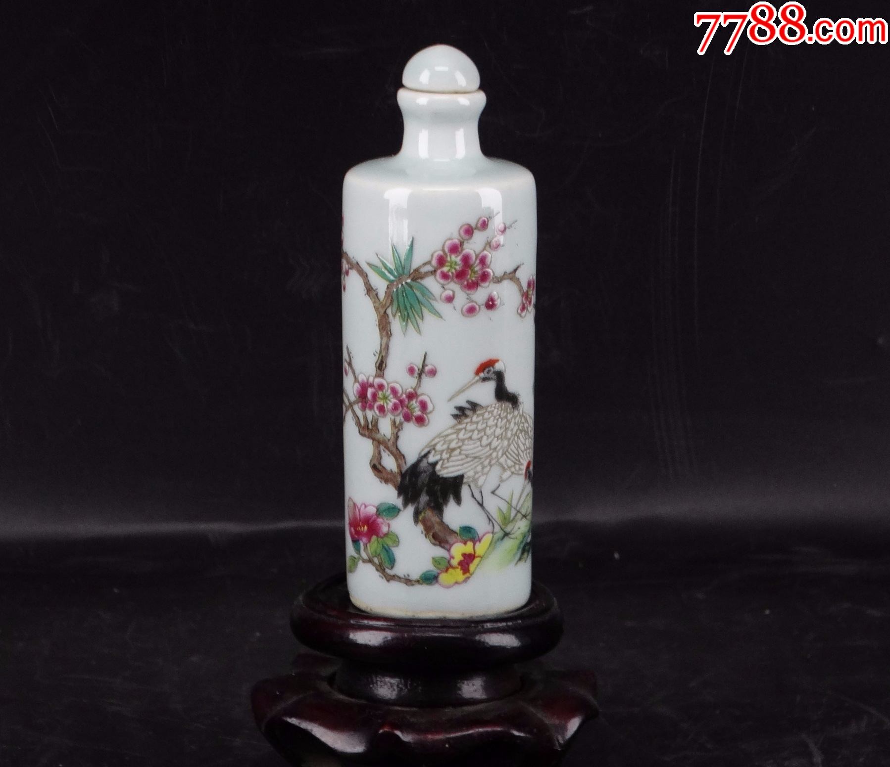 252创汇期松鹤延年鸟语花香粉彩白瓷鼻烟壶摆件