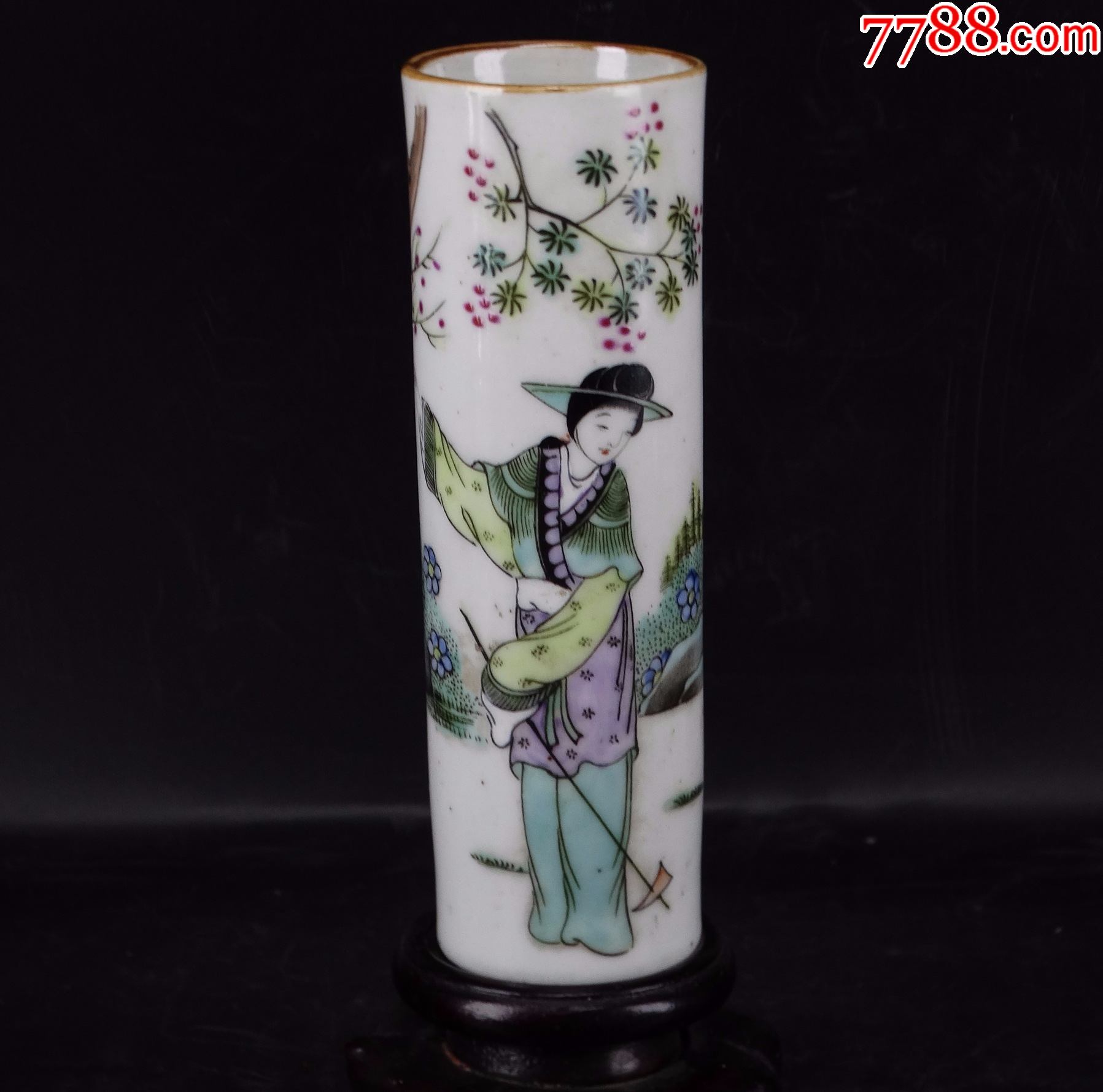 31创汇期微瓶古玩古董瓷器唐子桢书底款侍女纹彩绘微型帽筒小摆件