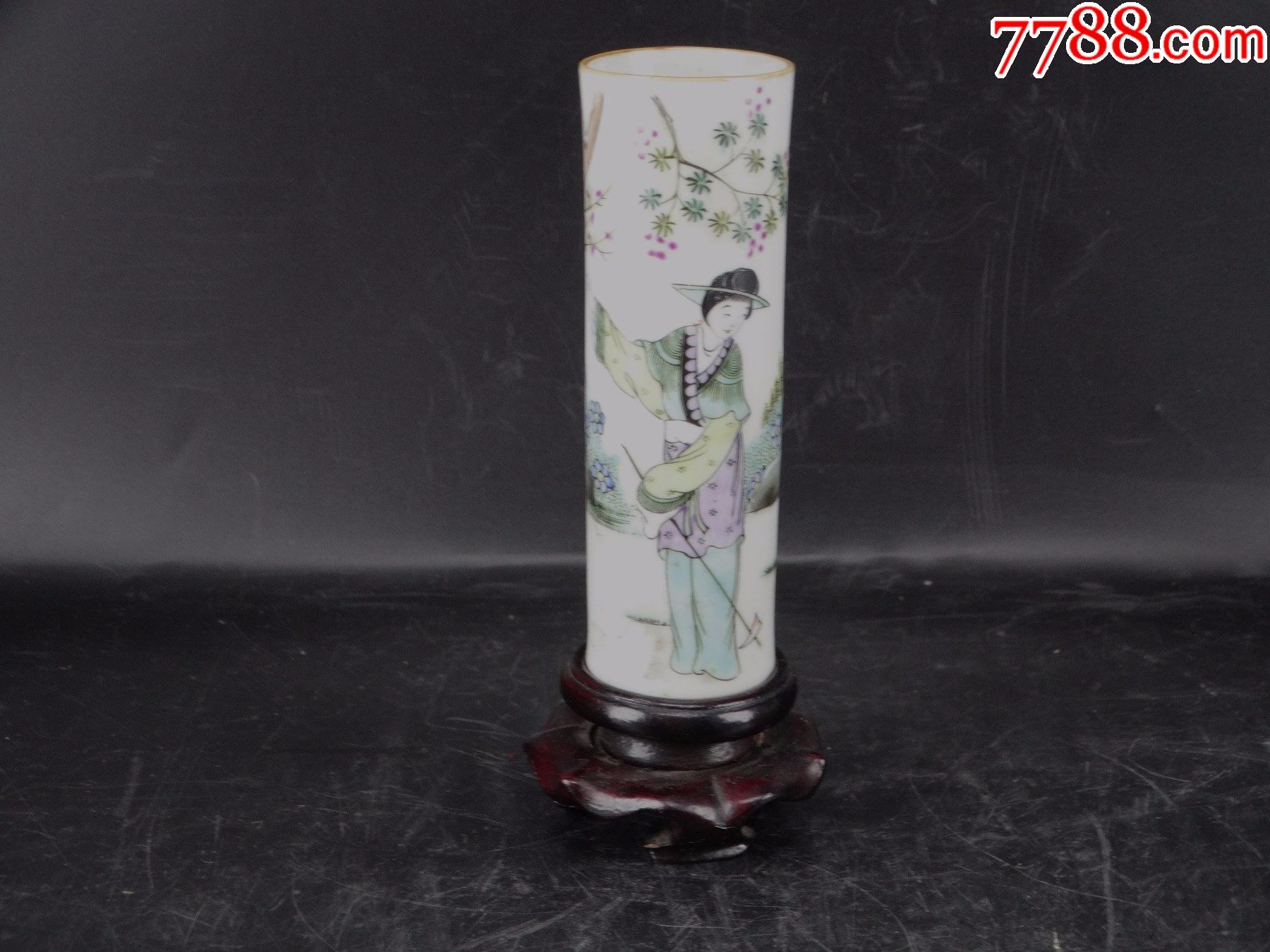 31-2#创汇期唐子桢书底款侍女纹彩绘微型帽筒小摆件_彩绘瓷/彩瓷_收藏