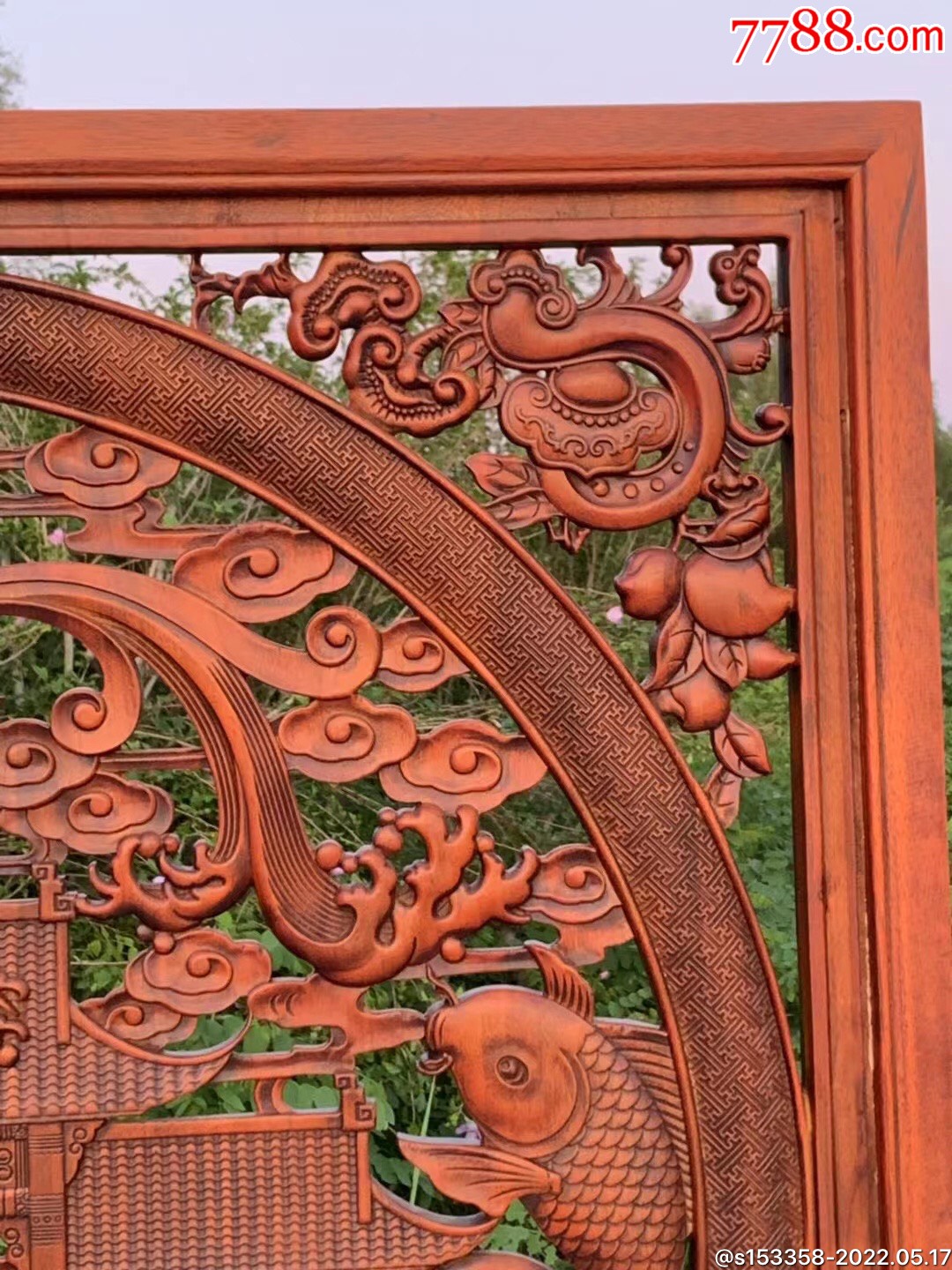 香樟木纯手工雕刻鲤鱼跳龙门灵芝如意大尺寸插屏屏风一个